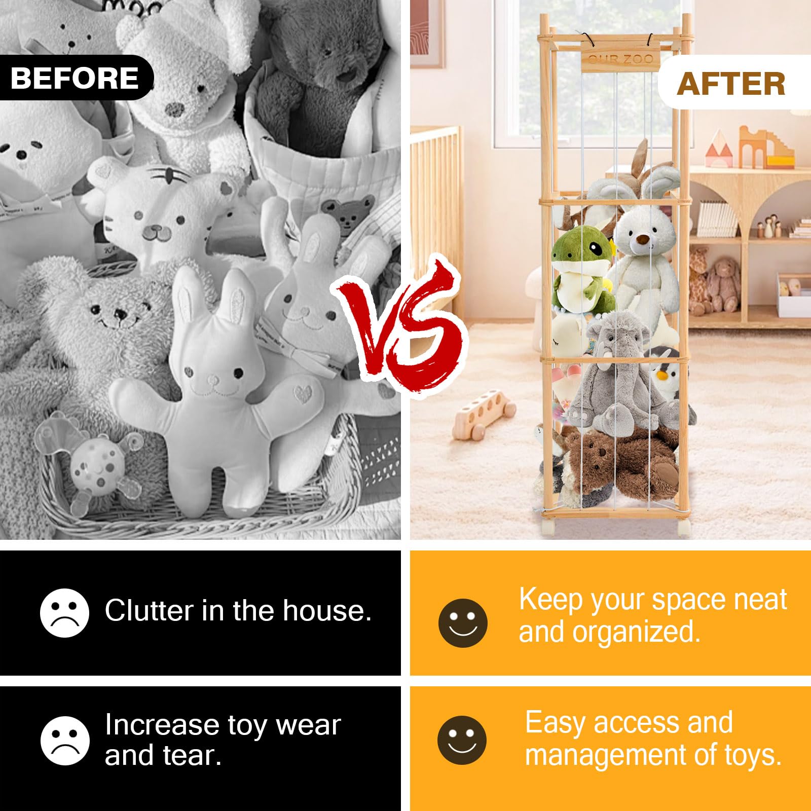 Contenitore per animali di peluche con ruote, grande scaffale in legno massello con 3 livelli e freni, per cameretta dei bambini e sala giochi