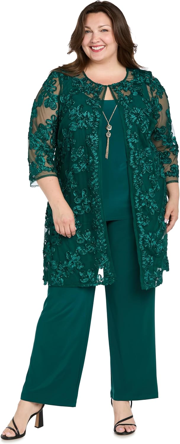 R&M Richards Women's 3-Piece Soutache Ribbon Duster Pantsuit W/Embroidered Jacket, Tank Top W/Necklace & Straight Leg Pants
