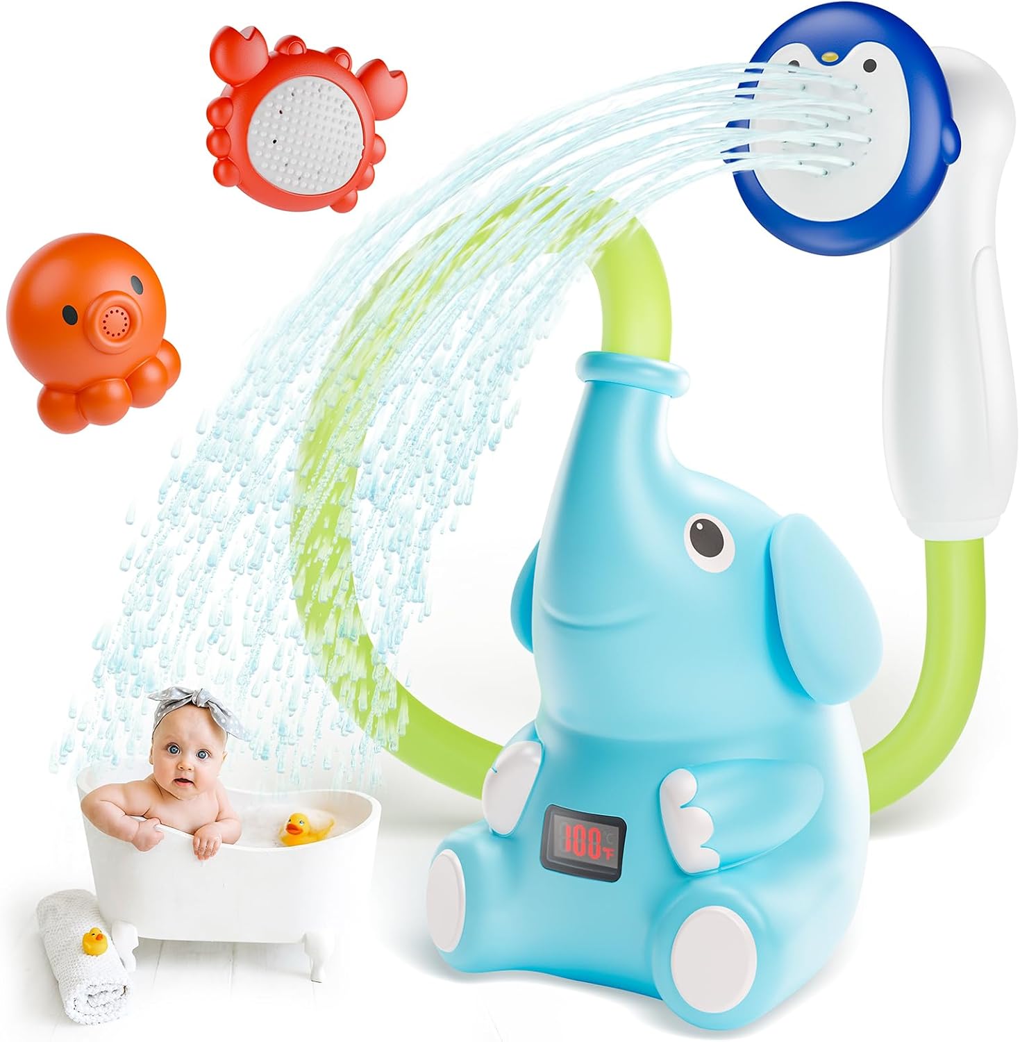HEMRLY Baby Bath Toys, LED Water Temperature Display, Bath Toys for Infants 6-12 Months with Three Shower Heads, Baby Shower Head for Bath IPX7 Waterproof , Baby Gift for Girls & Boys, Automatic V