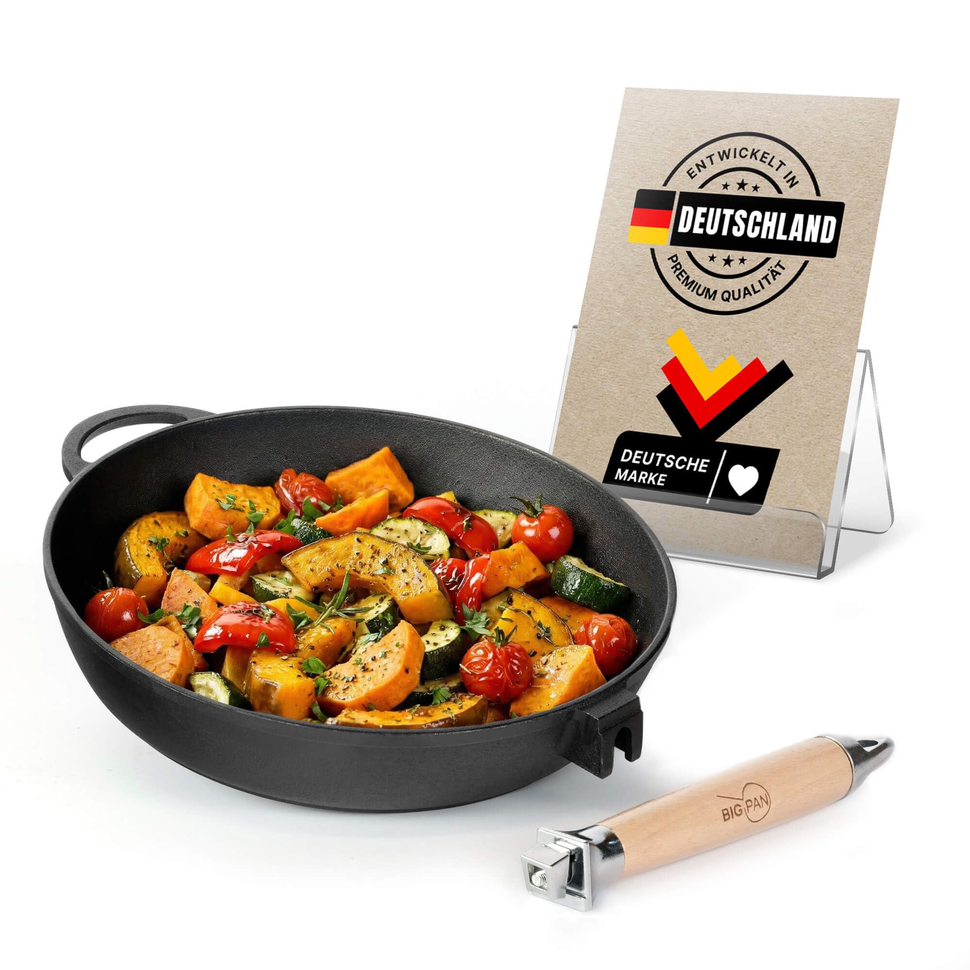 4BIG.fun Sartén de Hierro Fundido para Freír 28 cm 70 mm de alto - Sartén con mango de madera - Sartén apta para barbacoa de gas, horno, fogones y todo tipo de cocinas, incluida la inducción