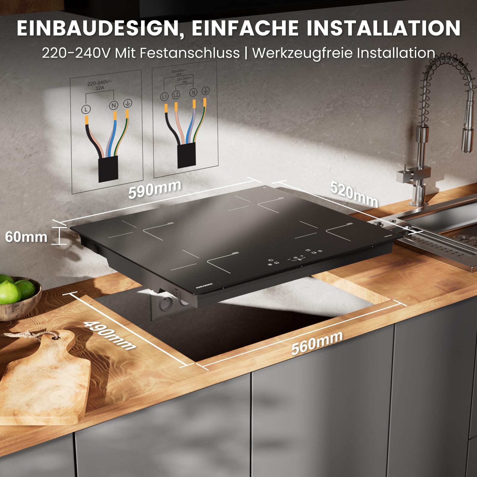 Induktionskochfeld 60cm autark - 4 Zonen Einbau Induktionskochplatte mit Kratzfeste Glaskeramik & Ceranfeldschaber, 2 x Booster, 7000W, Touch-Control, 2 Jahre Garantie