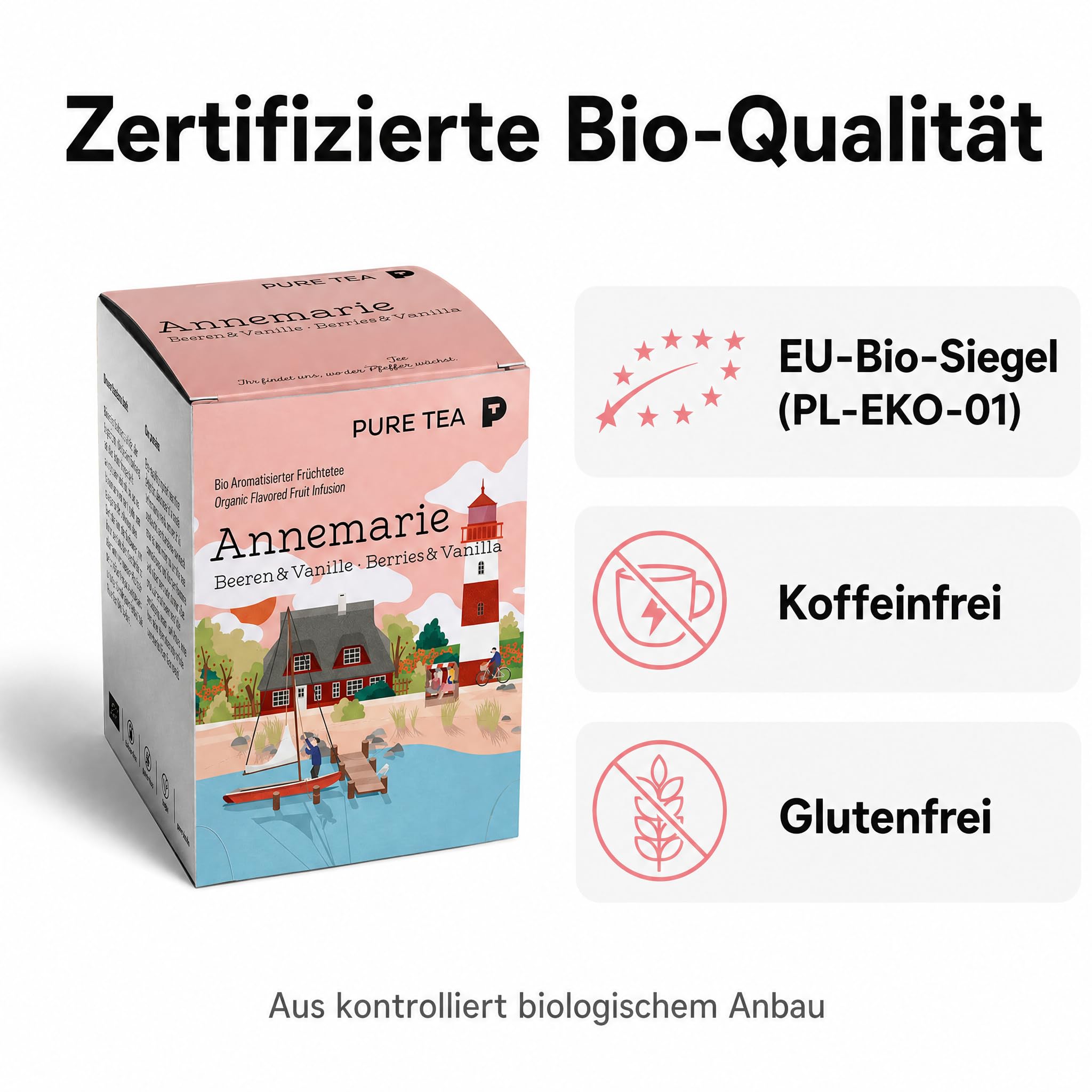 6 x Pure Tea Früchtetee Annemarie Beeren & Vanille, 15 Teebeutel à 3,5 g, aromatisierter Premium-Früchtetee, koffeinfrei & glutenfrei, Dispenserbox