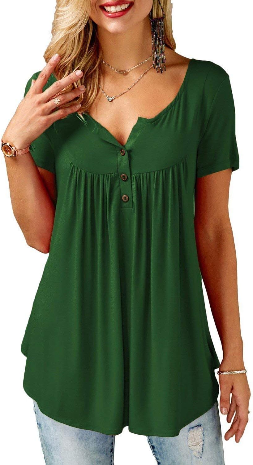 ORANDESIGNE Blusa Donna Manica Corta – Camicia Henley Floreale Con Plissé, Scollo A V, Bottone, Tunica Morbida, Taglia 42 Blu - 2