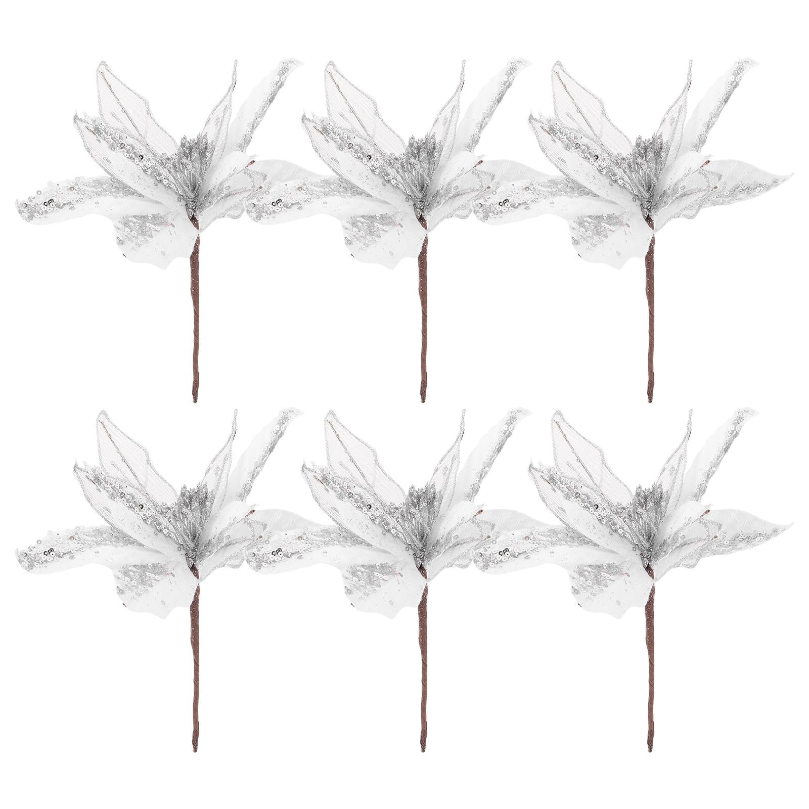 Lot de 6 poinsettias artificiels argentés avec tige pour décoration de Noël