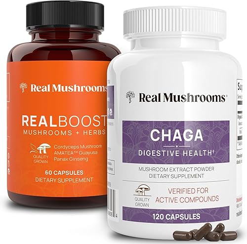 Real Mushrooms RealBoost (60 unidades) y Chaga (120 unidades) - Suplemento de hongos para energía, vitalidad y digestión - Vitaminas energéticas con