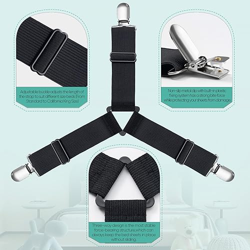 Miniatura 5 de Correas para sábanas, clips para sábanas fáciles de instalar, clips para sábanas bajeras, dígale adiós a las sábanas desordenadas (negro, 4 piezas)