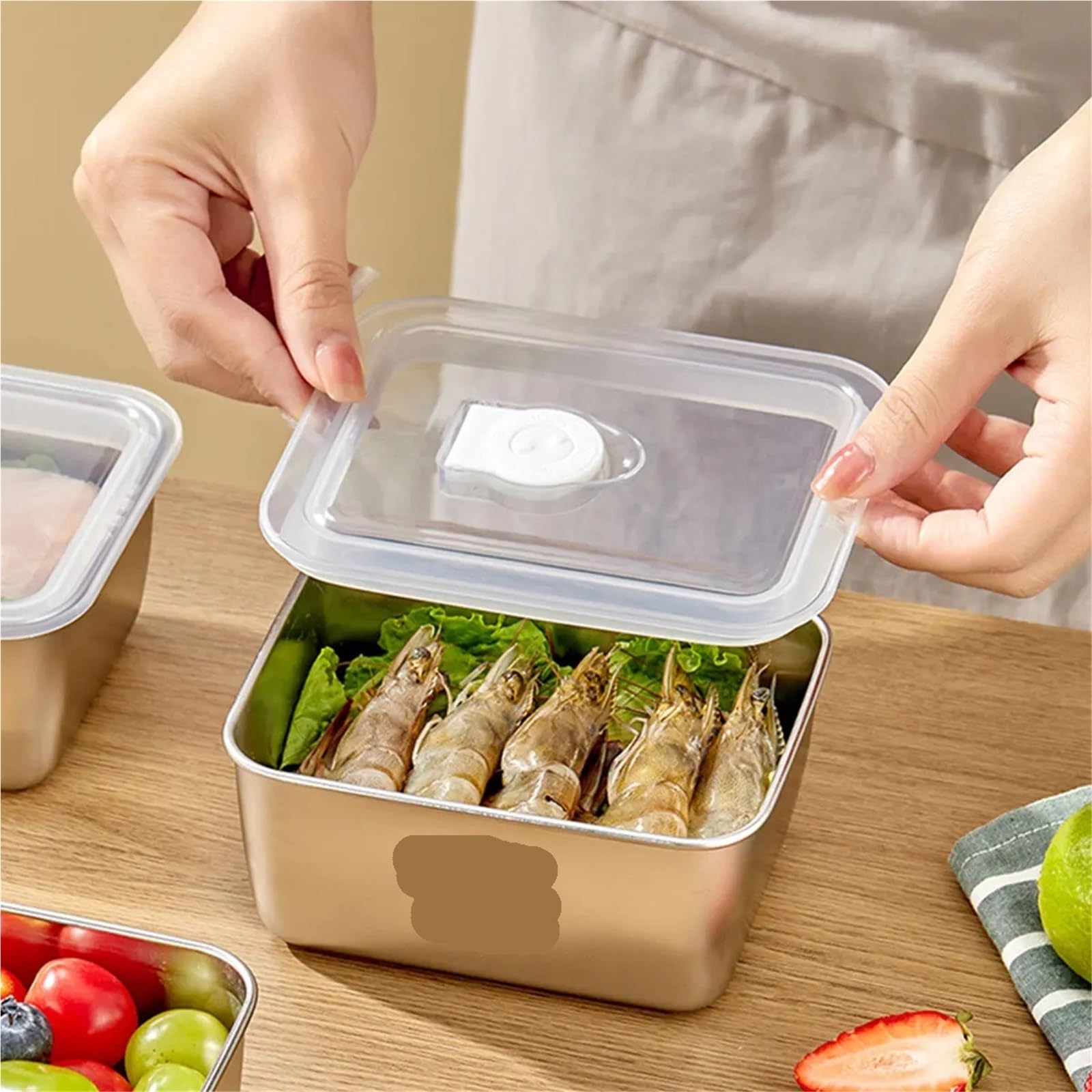 Contenitori per alimenti in acciaio inossidabile Contenitore for alimenti in acciaio inossidabile 304, quadrato, sigillato, con coperchio, impilabile, for conservare gli freschi(Mix 3pcs)