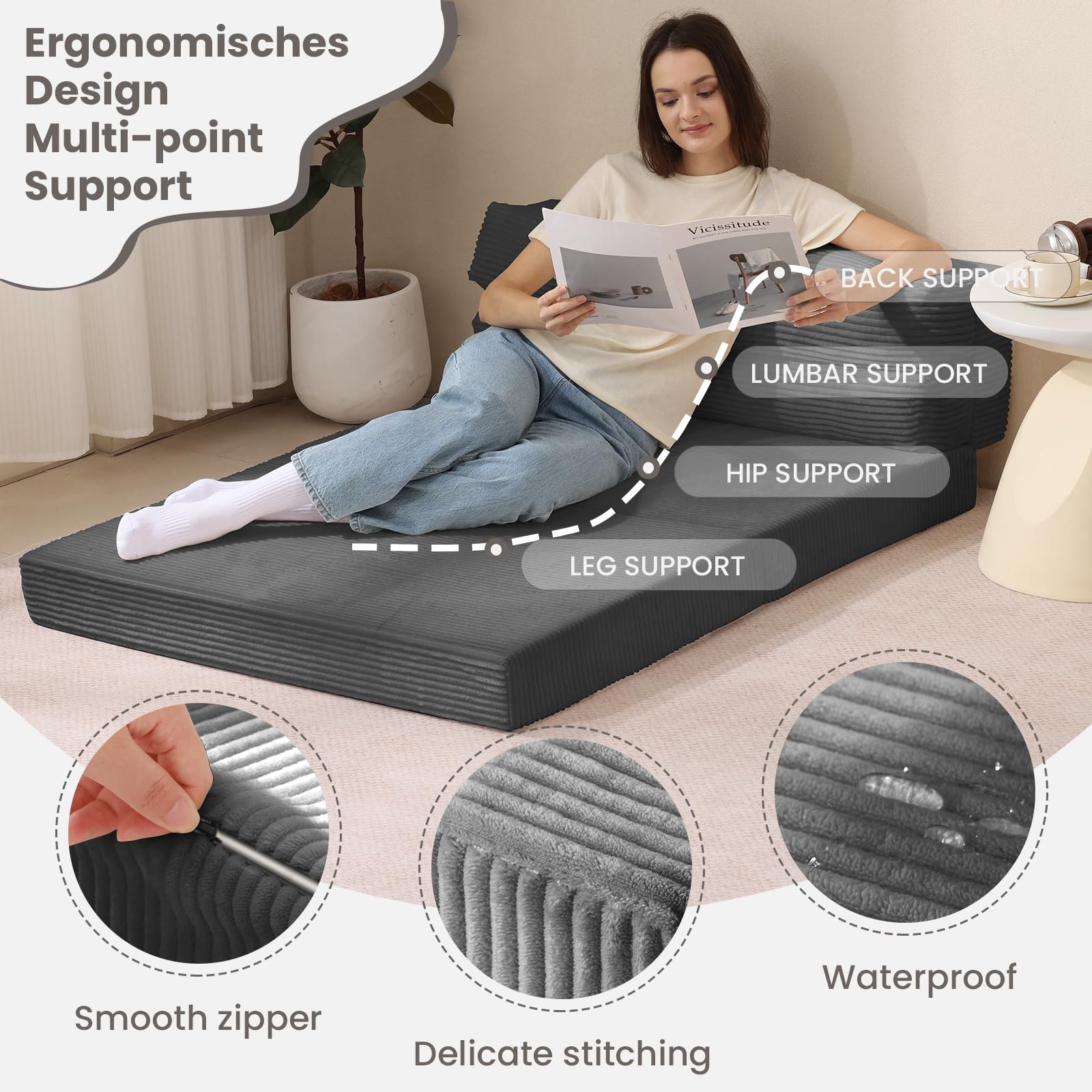 Folding Sofa Bed, Convertible Sleeper Chair with Pilow Foldable Matress, 2 in 1 Pull Out Loveseat Sofa Portable Fold Out Chair Bed Floor Couch Lounge for Living Room Bedroom (Grey, Full)