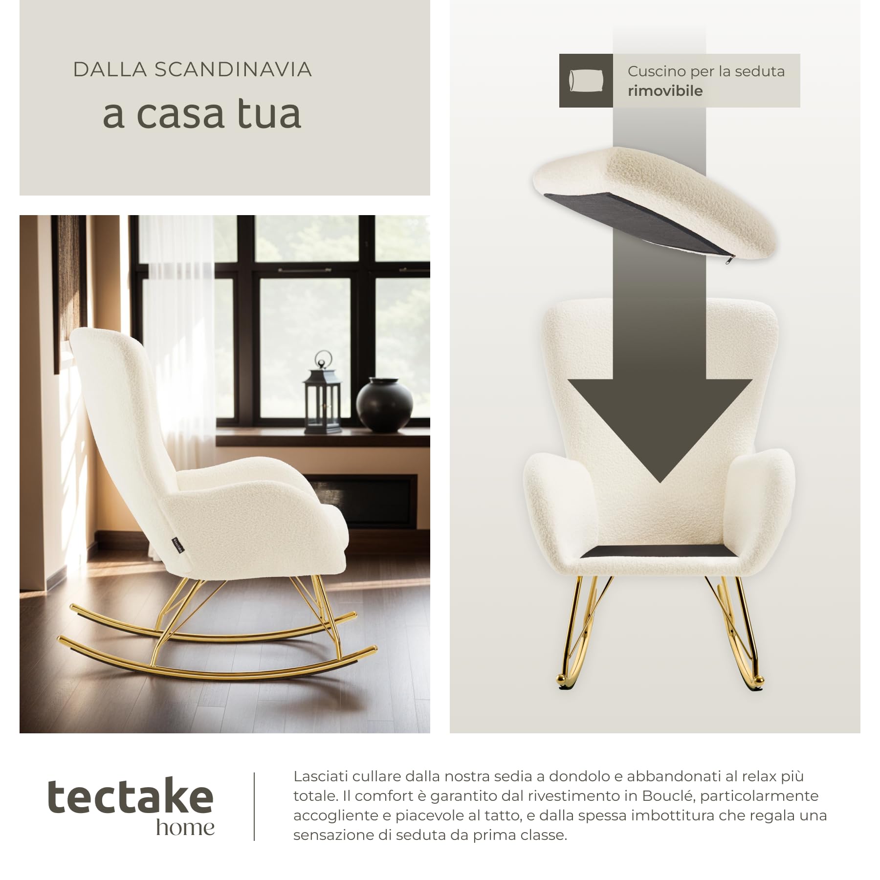 tectake® Sedia a Dondolo, Morbidissimo Velluto, Cuscino Removibile, Lavabile, Poltrona a Dondolo, Schienale e Braccioli Generosi, Telaio Robusto in Acciaio, Pattini Massicci, Antigraffio - Crema/Oro