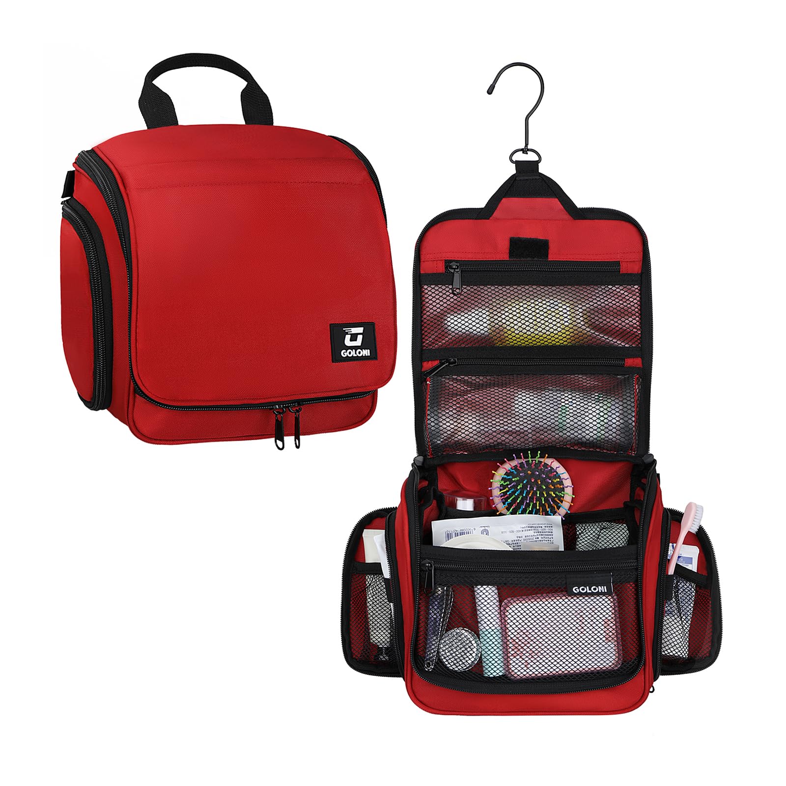 Goloni Hanging Toiletry Bag, 10 Compartments Water-Resistant Makeup Bag with 360° Spinning Metal Hook, Large Travel Cosmetic Organizer for Men & Women, Red (7.05oz) : Beauty & Personal Care
