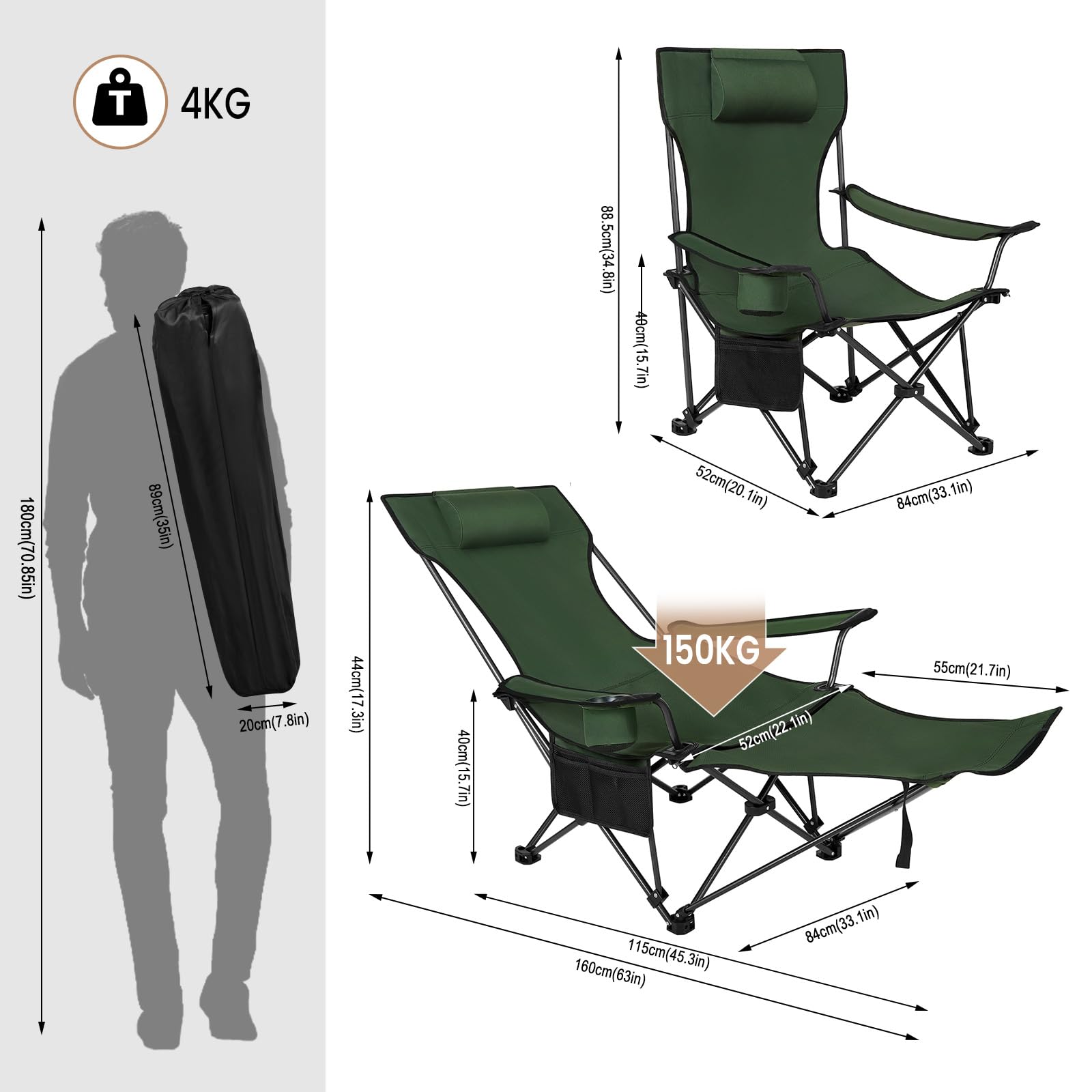 WOLTU Set di 2 Sedia da Campeggio Portatile Reclinabile, Sedia Pieghevole Esterno con Poggiapiedi, Poggiatesta e Borsa da Trasporto, per Pesca, Giardino, Verde
