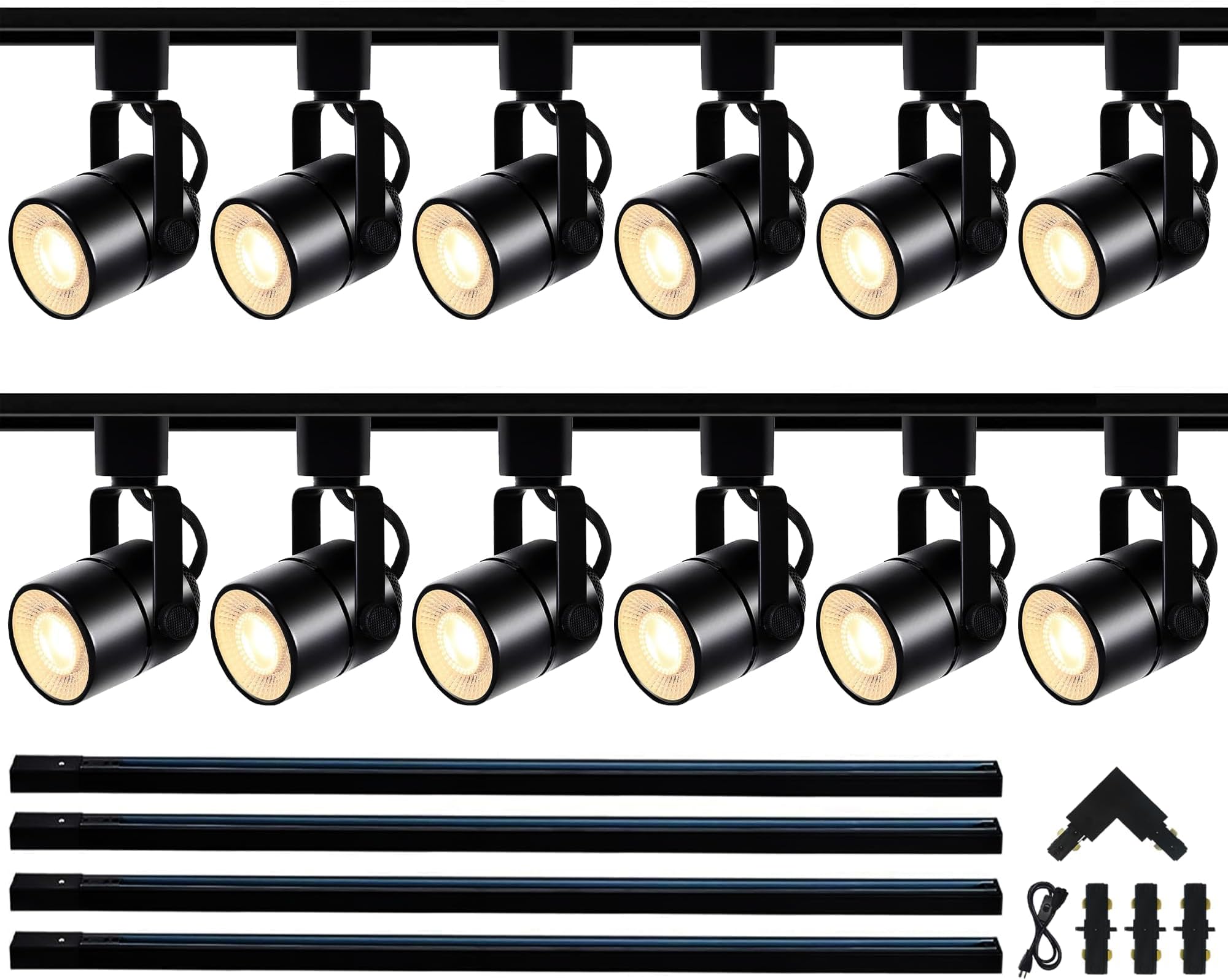 GU10 LED Black Track Lighting Complete Kit, 3000K Warm White, 12 Packs GU10 Dimmable Ceiling Spotlight Fixture with 13.12ft H Type Track Rails, Replaceable 10W LED Bulbs for Home