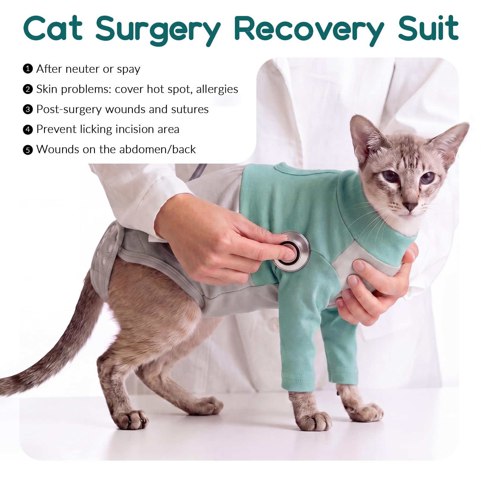 Body Post Operatoire Chat, Doux Body pour Chat Après Stérilisation Gilet de Récupération Manchon Récupération pour Pattes Avant, Empêche de Lécher Les Points de Suture(Vert, L)