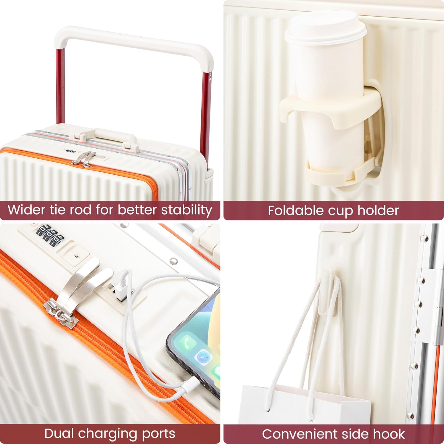 20 Inch Carry On Luggage with Spinner Wheels,Aluminum Frame PC Hard Shell Suitcase with USB Port,Lightweight Travel Luggage Airline Approved for Men Women, White - Image 4