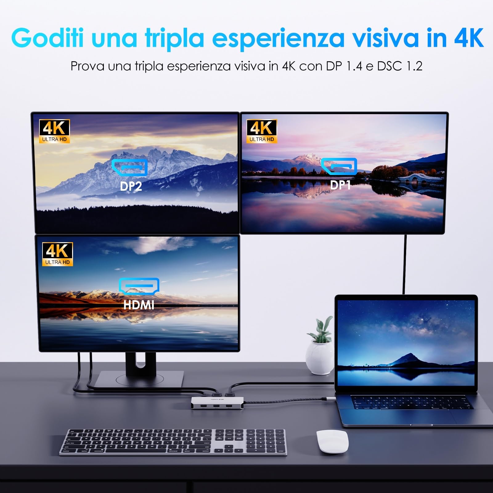 Docking station per laptop WAVLINK, docking station quad monitor con doppia porta DP, HDMI, VGA, ingresso PD da 100 W, 3 porte USB-A 2.0, compatibile con Dell/HP/Lenovo ecc., solo sistema Windows | Singolo 8K a 60Hz, 100W PD in, 3×USB-A per dispositivi wi