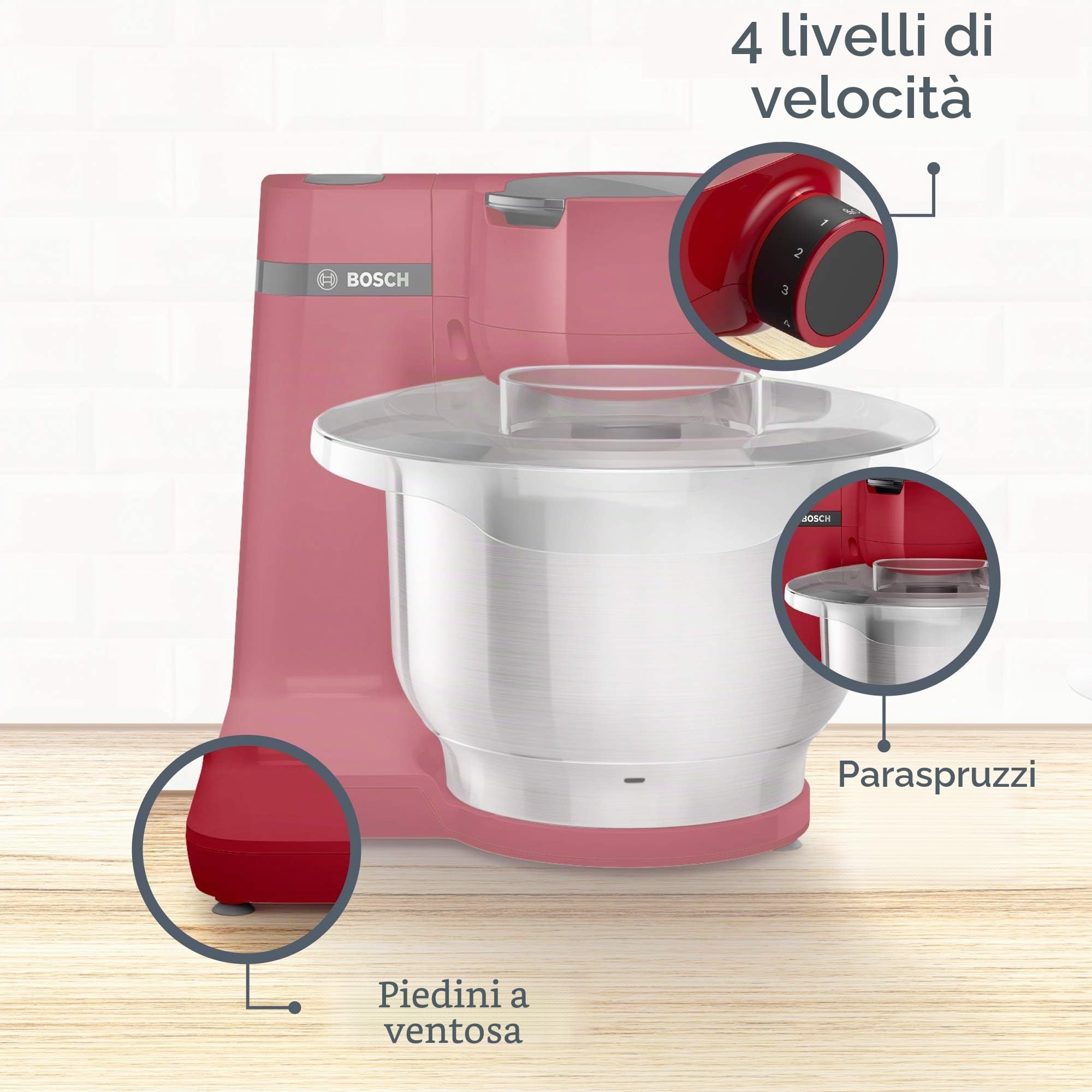 Bosch Elettrodomestici MUMS2ER01 - Robot da cucina MUM serie 2, 700 W, ciotola in acciaio inox da 3,8 l, intaglio e 3 dischi, set di patisserie, acciaio inox, rosso