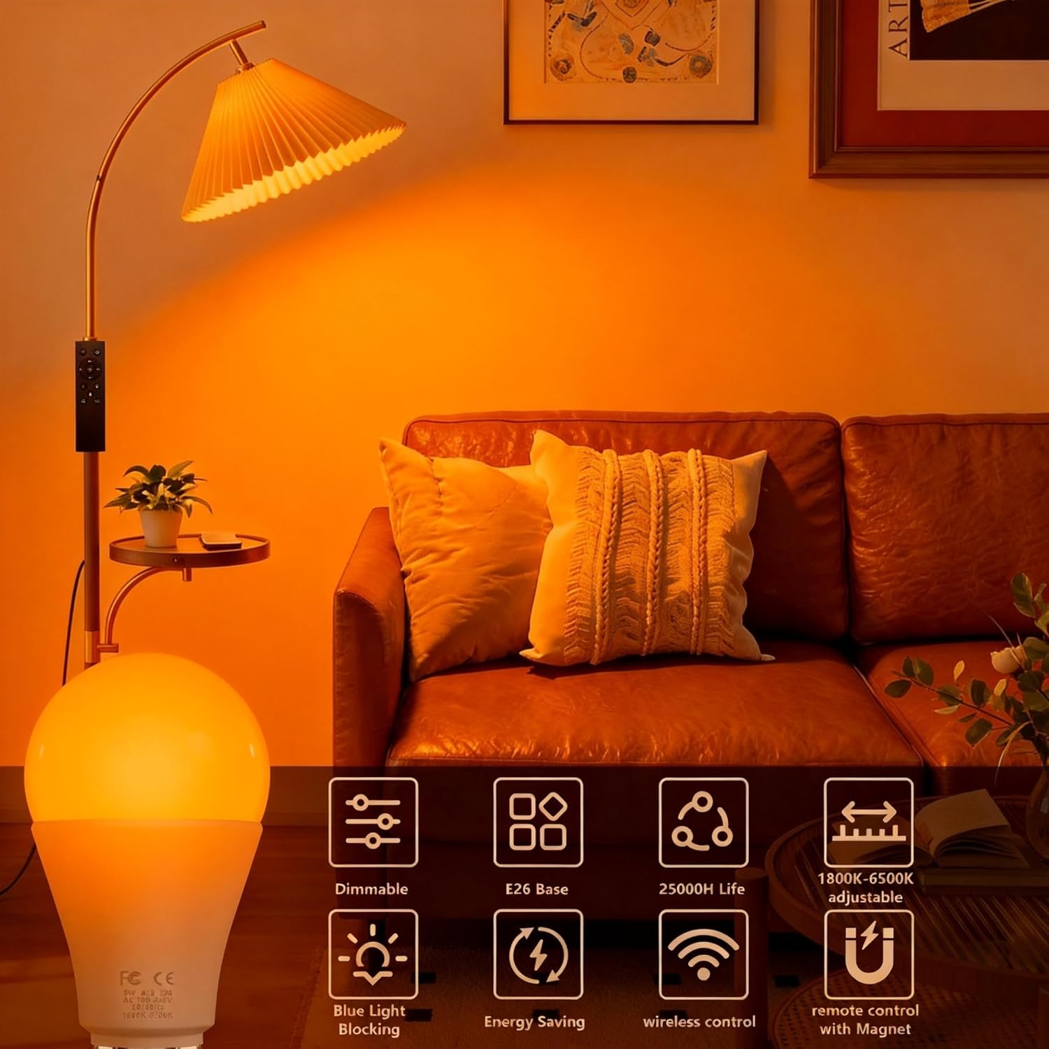 Amber Sleep Light Bulbs with Remote Control, 800LM 9W (60W Equivalent),Circadian Rhythm Light Bulb,Dim,1800K-6500K,E26,2.4G,Warm and Reading Light Bulb for Home Decor,2Bulb&1Remote
