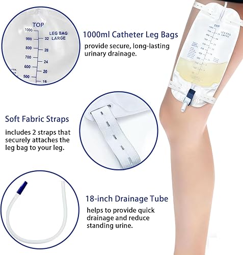 Miniatura 2 de Paquete de 5 bolsas para piernas urinarias de 33.8 fl oz, bolsas de catéter con válvula antirreflujo y tubo antitorceduras de 18 pulgadas, correas