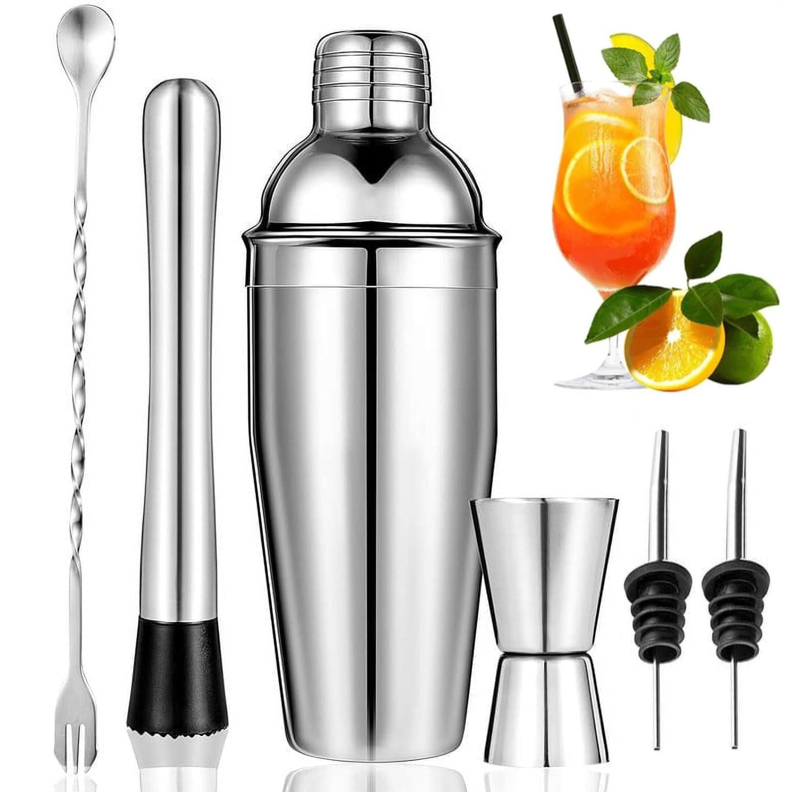 6 Pieces Large 750ml Stainless Steel Cocktail Shaker Set with Double Jigger, Muddler, Pourers, Mixing Spoon, Cocktail Making Kit Tool Bar Accessories