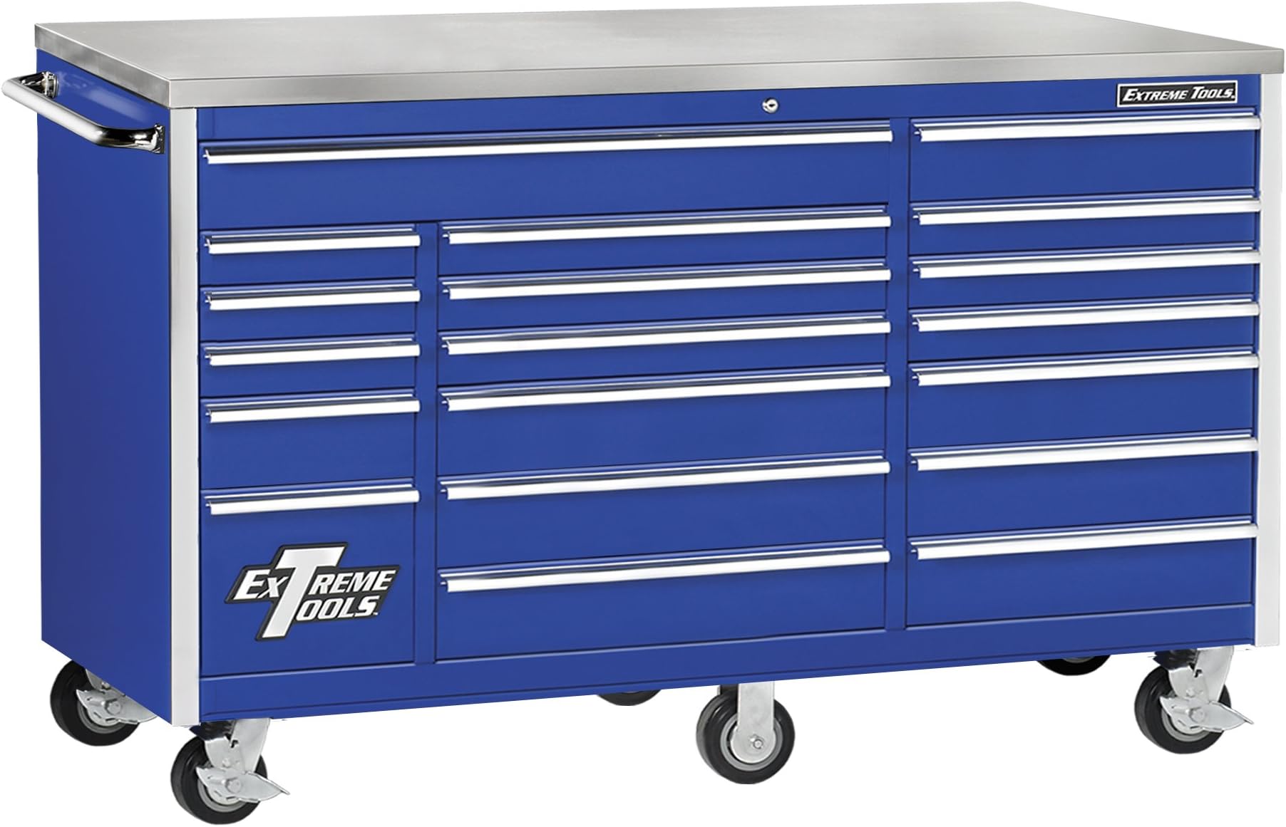 Extreme Tools EX7218RCBL 18-Drawer Triple Bank Roller Cabinet In Ball Bearing Slides, 72-Inch, Blue High Gloss Powder Coat Finish