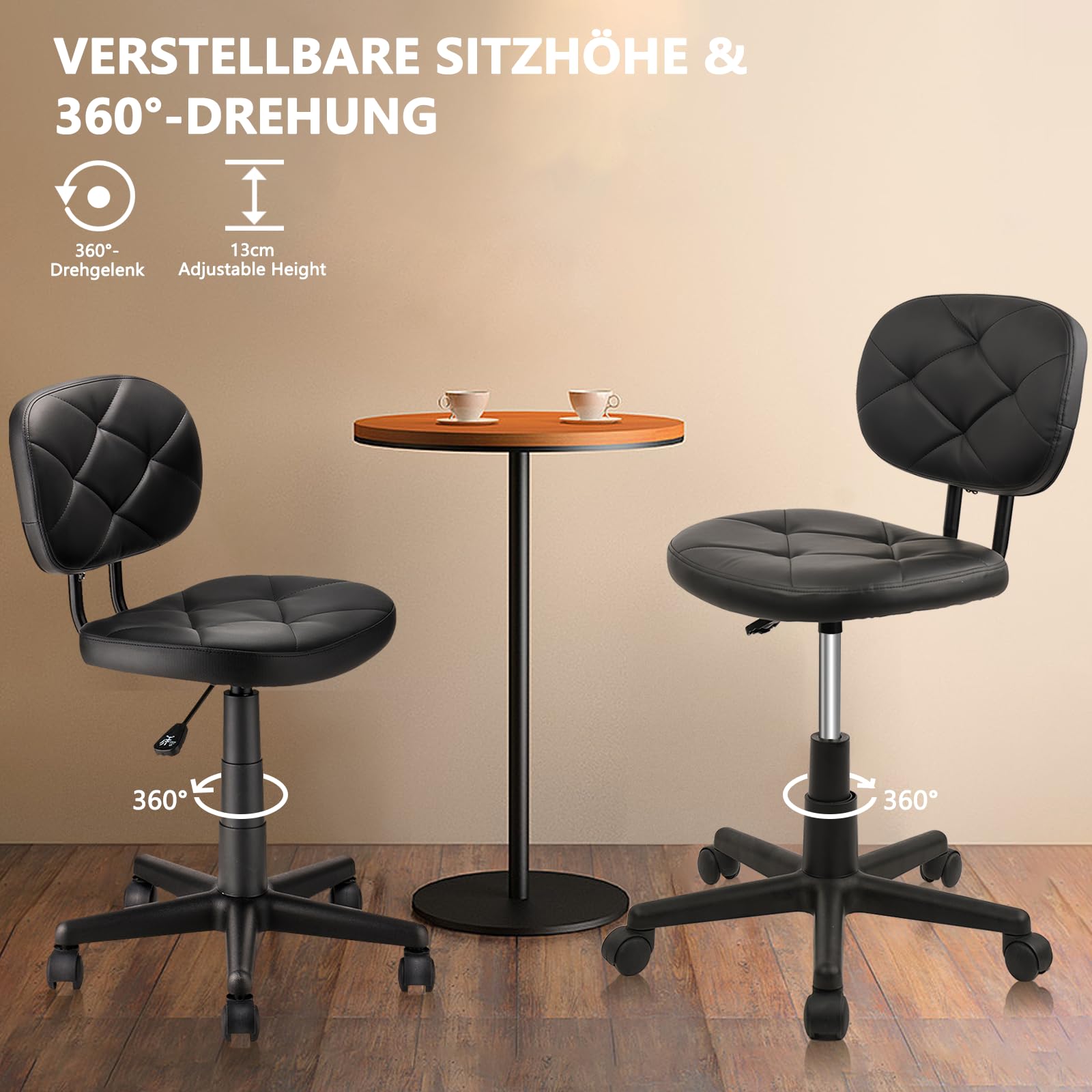 Klasika Drehhocker mit Hochwertigem PU-Kunstleder Rückenlehne 360° Drehbar und Höhenverstellbar Ergonomischer Multifunktionaler Arbeits Hocker Bequem für Salon Spa Garage Bar Schwarz 1er Set