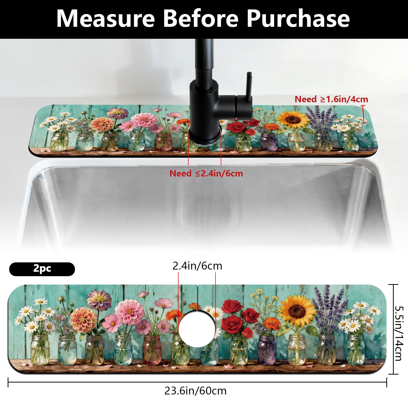 Lot de 2 tapis de robinet d'évier de cuisine en verre coloré avec motif plantes pour éviers, tapis de séchage absorbant pour cuisine et salle de bain, 60 x 14 cm