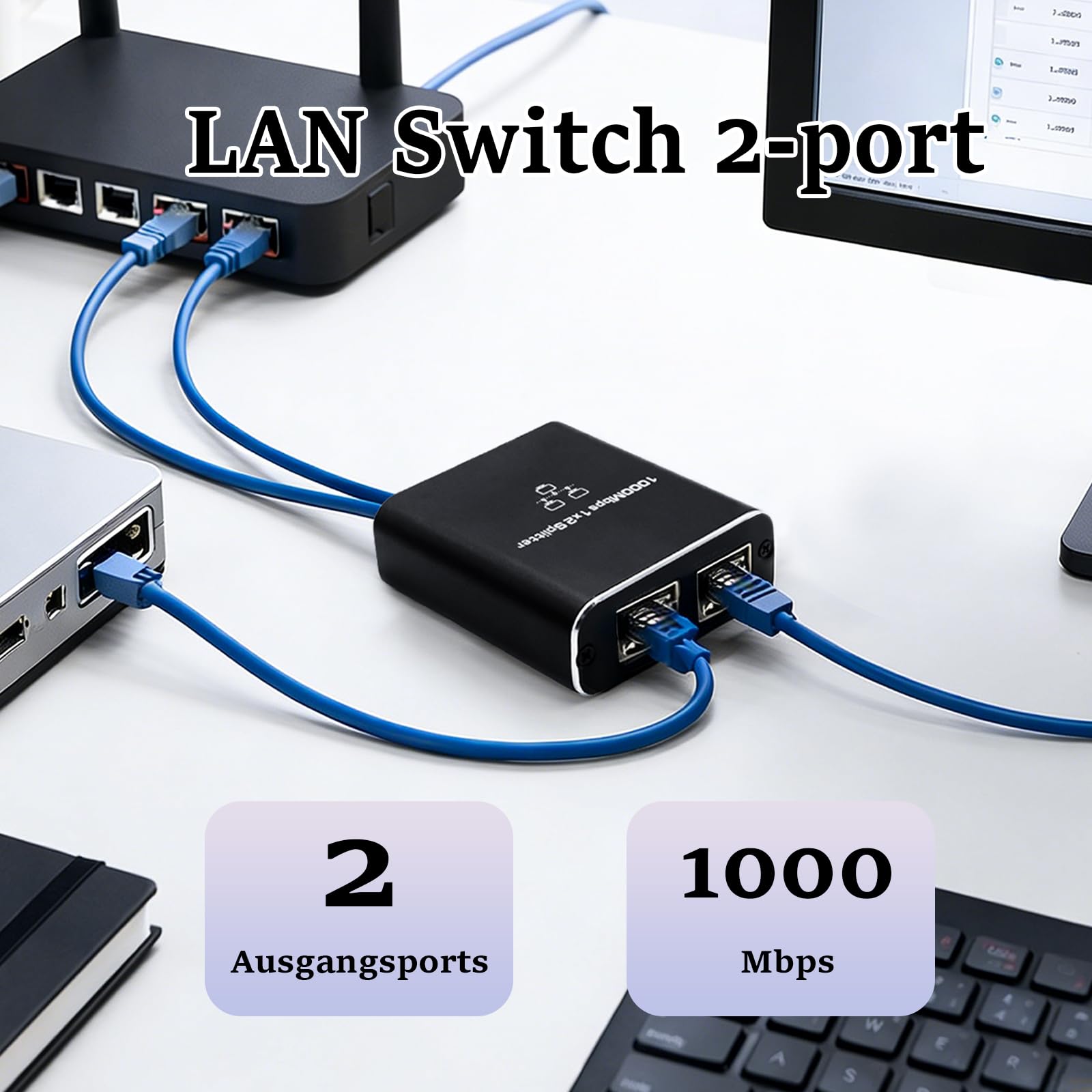 GNUADZ LAN Splitter 1 to 2, 1000 Mbps Gigabit Ethernet Splitter 2 Port with Type-C Power Cable, Aluminum Housing Network Switch for Computer, Hub, Router, Modem, Set-Top Box, Cat 5/5e/6/7/8 - 4