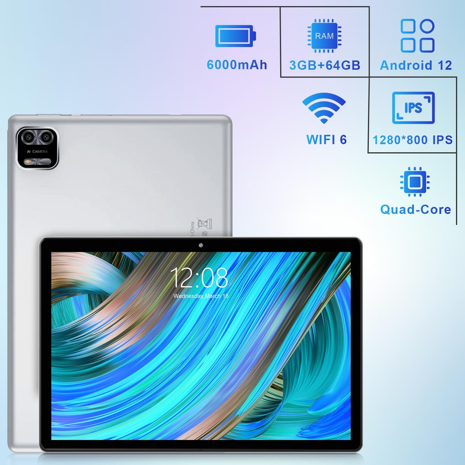 WeTap Android Tablet 10 Inch 3GB RAM 64GB ROM Android 12 Tablets