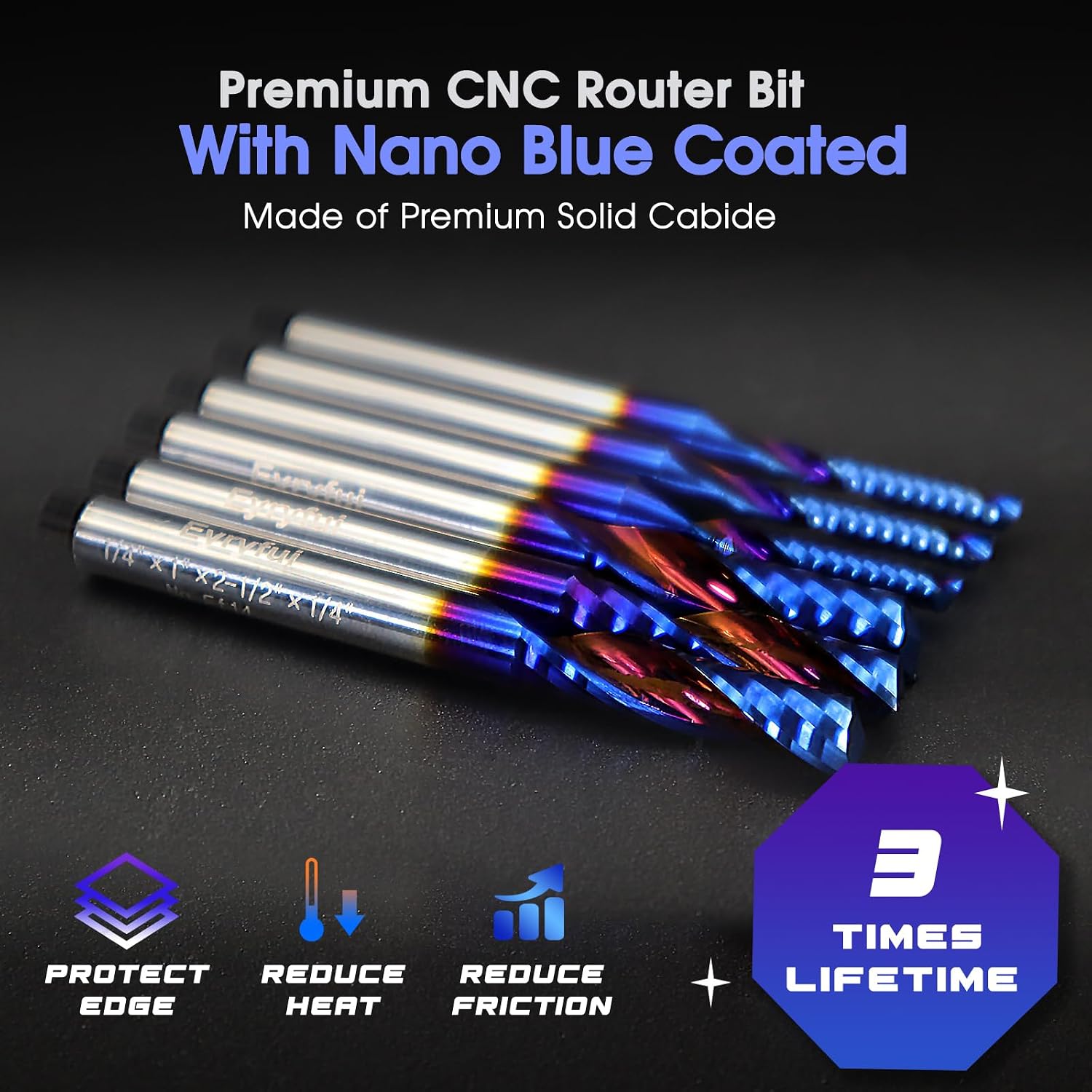 O-Flute Spiral Router Bit Set, 1/4 Inch Shank, Nano-Coated Solid Carbide CNC Router Bits for Aluminum, Plastic, Acrylic, Metal, Wood, MDF (3pcs 1/8"+3pcs 1/4")