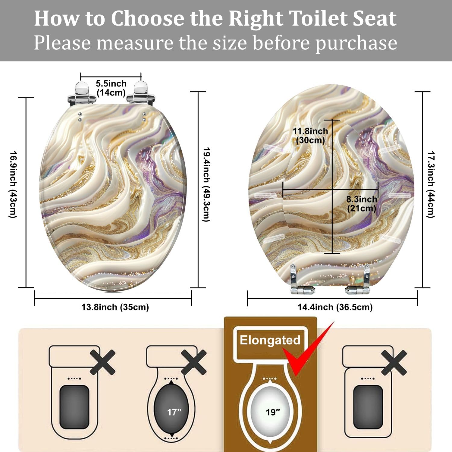 Asiento de inodoro decorativo alargado de resina, bisagras de liberación rápida, cierre suave, fácil instalación, vetas de mármol morado y dorado.