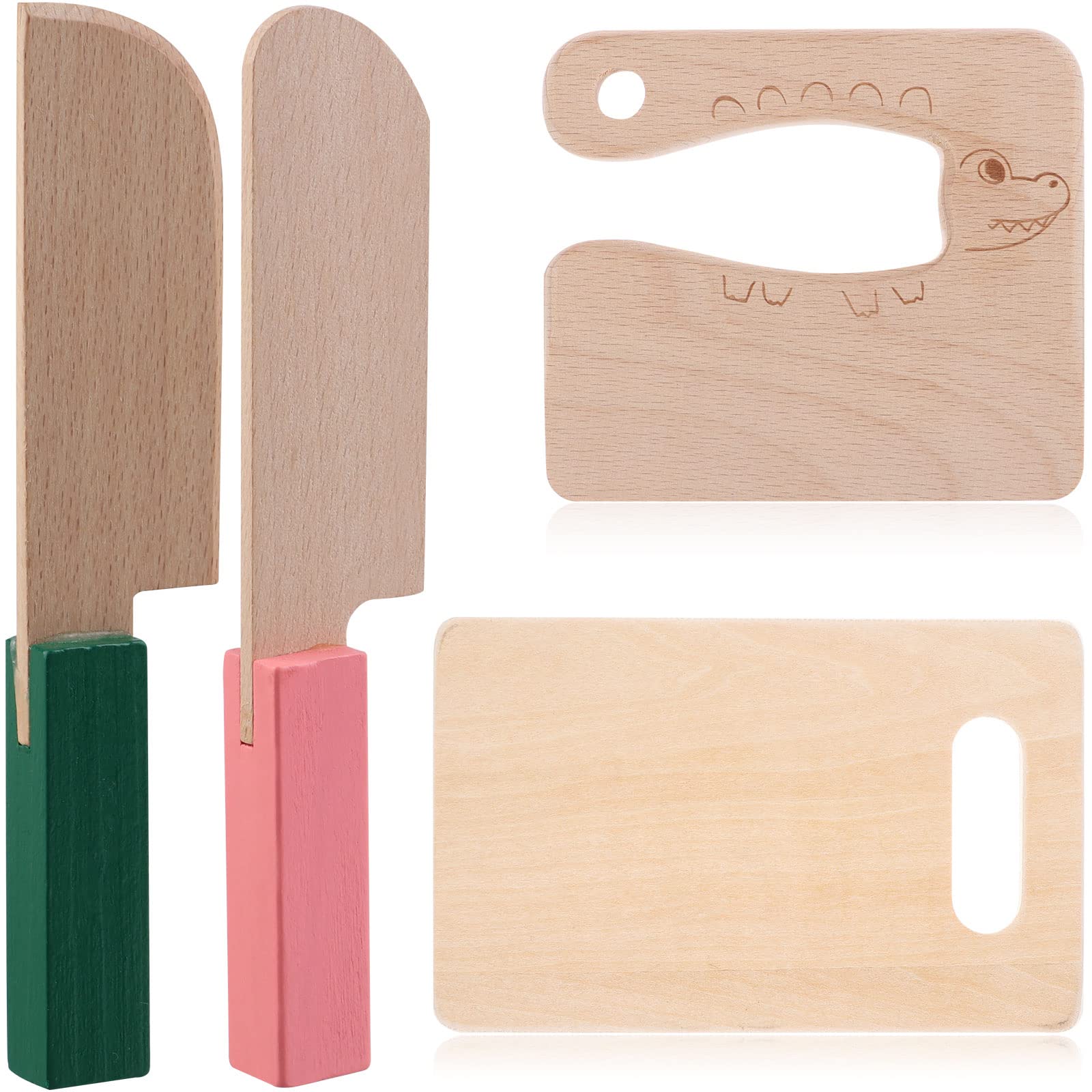 Uoeo 4 Pack Wooden Kids Knives Kids Safe Cooking Knives Kids Cooking Utensils for Kitchen Cute Kids Kitchen Tools with Rectangle Cutting Board for Cooking Kitchen Veggies Lettuce Fruits Salad Cake