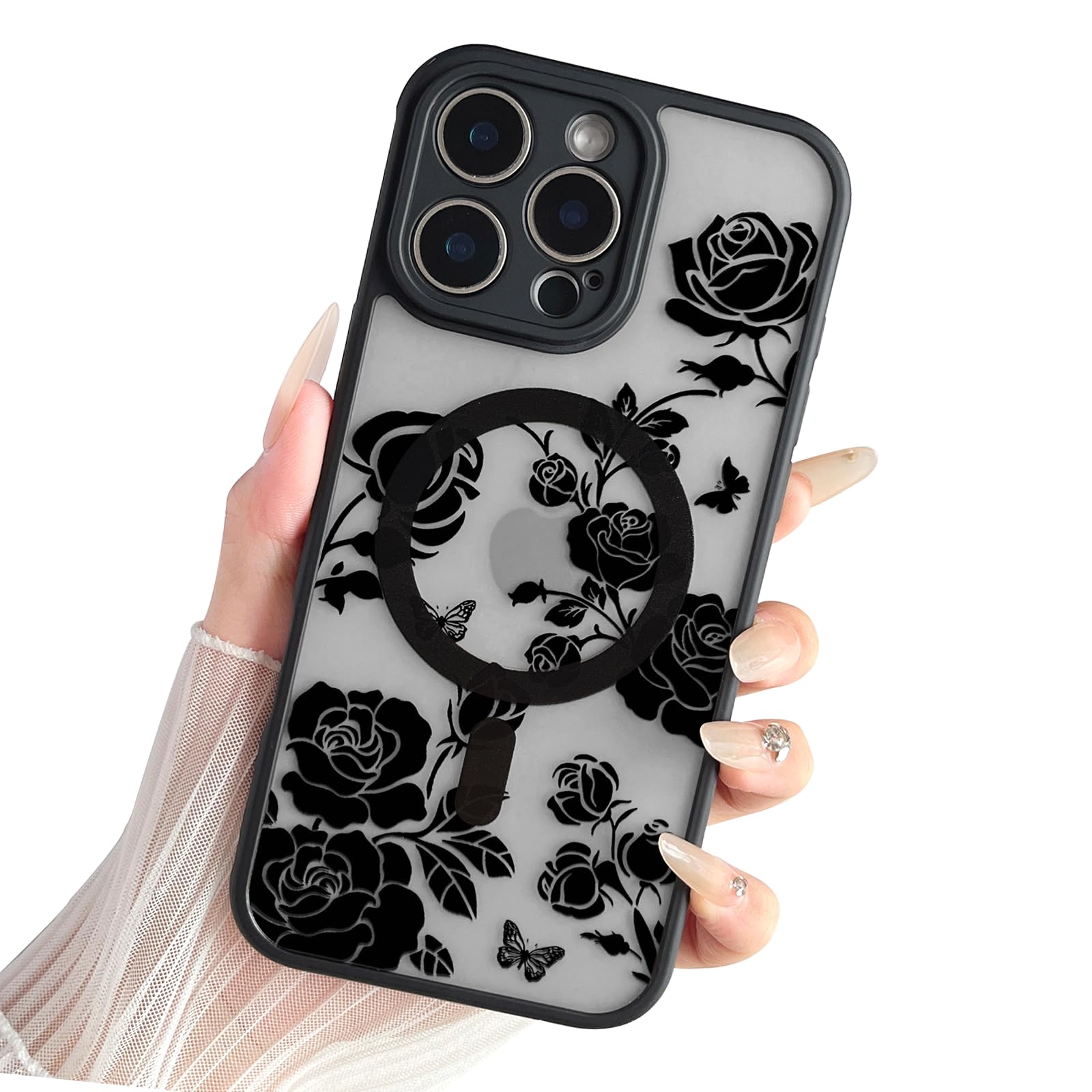 Yeddabox Magnetic for iPhone 16 Pro Max Case,Compatible with MagSafe, Rose Flower Design iPhone 16 Pro Max Case for Women Girls, Slim Shockproof Soft TPU Bumper Hard PC Back Phone Case - Black Flower
