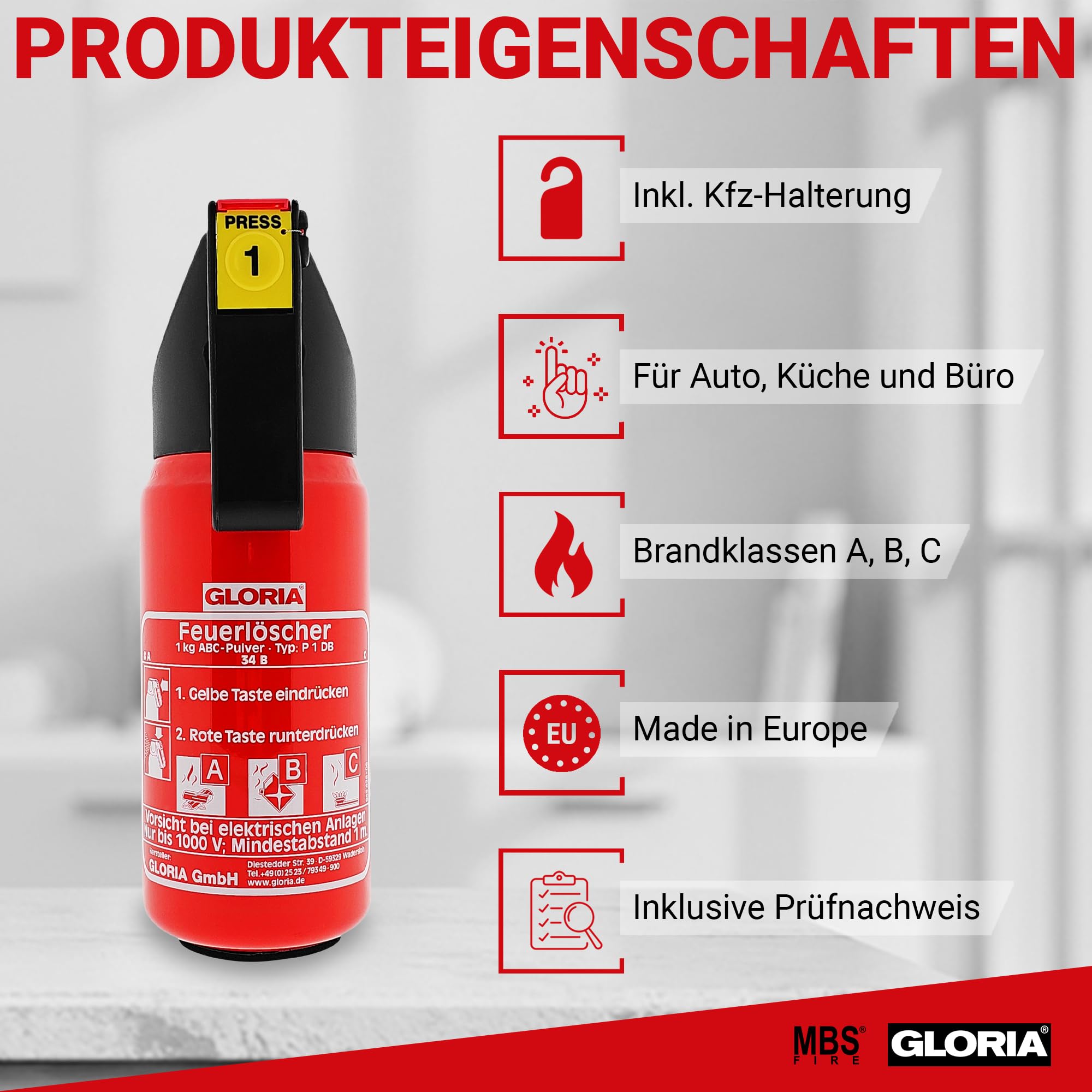 2X Gloria KFZ Auto-Pulverlöscher P1DB, 1kg Brandklasse ABC Halterung u. Plakette