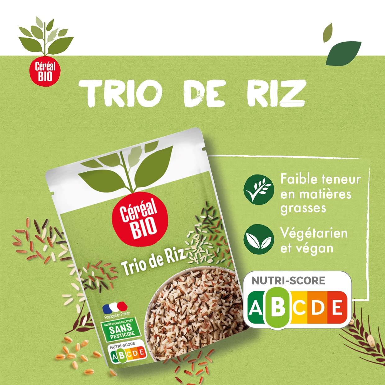 CÉRÉAL BIO – Trio de Riz – Mélange de Riz Bio Nature – Recette Végane – Plat Cuisiné Bio Individuel – Repas Prêt à Réchauffer en 2 min – Nutriscore B – 220 g - 4