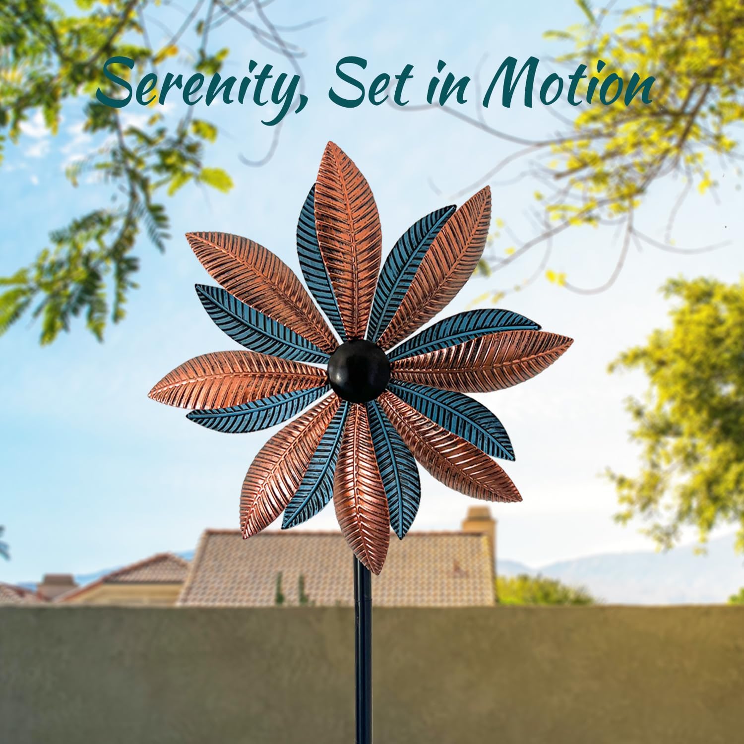 Wind Spinners Outdoor Metal, Double-Sided 360° Kinetic Wind Spinner with Stake, Metal Garden Yard Windmill Decor (13.4" Dia, 57" H) (Copper Leaf)