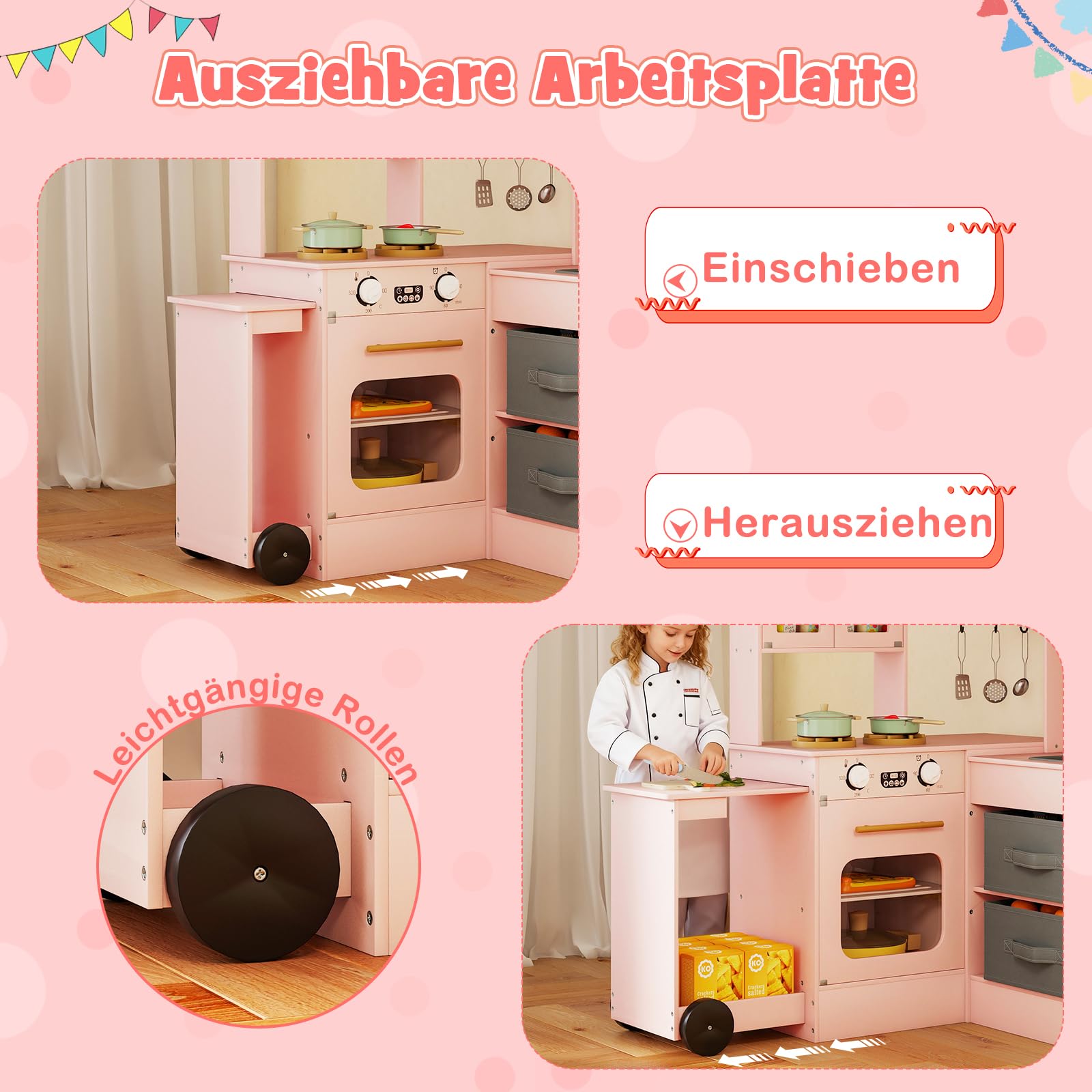 COSTWAY Kinderküche mit Licht und Sound, Eck Spielküche mit ausziehbarer Arbeitsplatte, Spüle, Herd, Ofen & Kühlschrank, Spielzeugküche inkl. Zubehör & Stoffkörben, für Kinder ab 3 Jahren (Rosa)