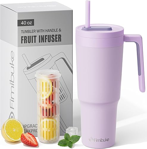Fimibuke Vaso de 40 onzas con asa e infusor de frutas, taza aislada al vacío de acero inoxidable con tapa y pajilla, botella de infusión de agua,
