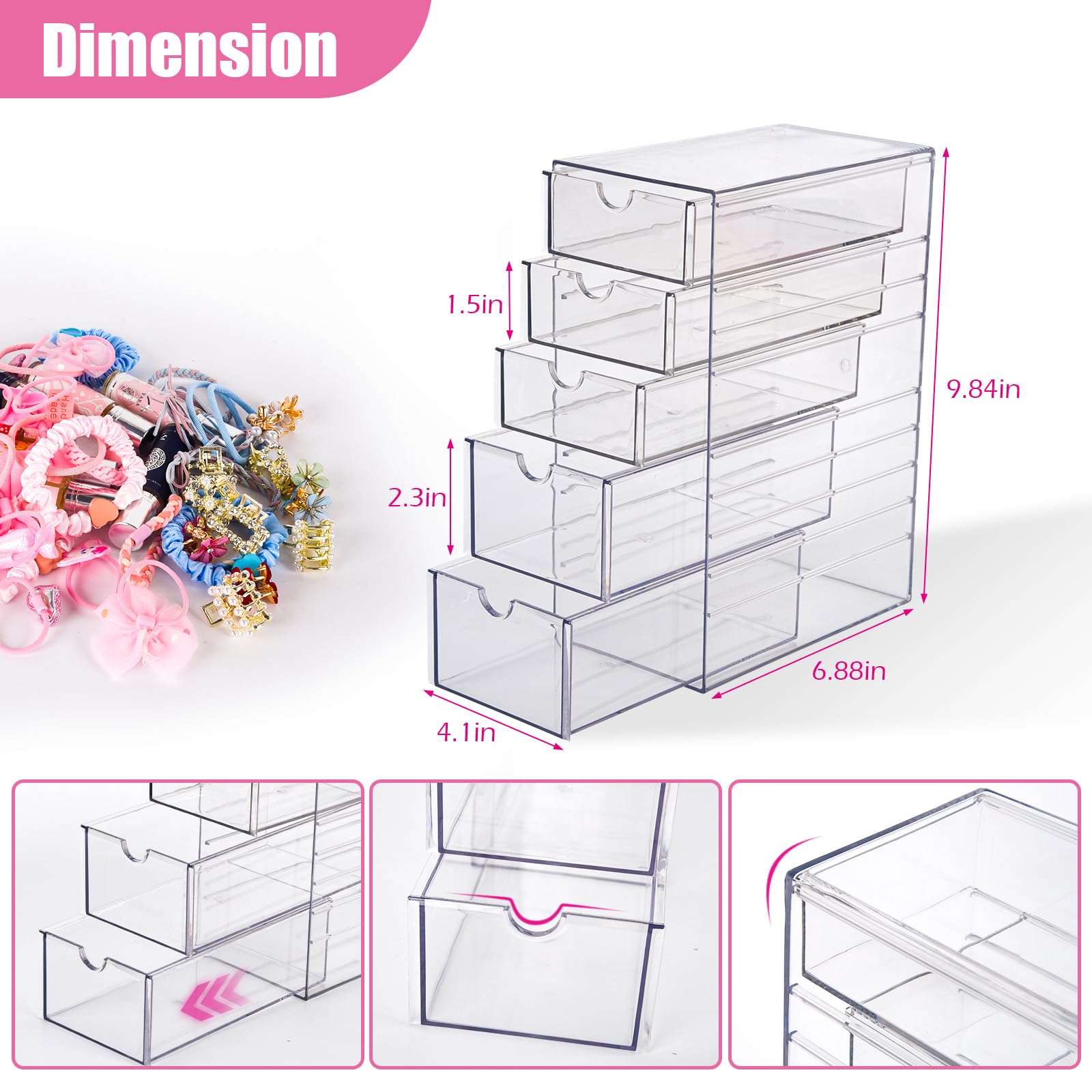 Wiojtry Hair Accessories Organizer. Clear Hair Ties and Pins Organizer Storage Box. Plastic Drawer Storage with 5 Different Sizes Drawers. Hair Accessory Container for Bathroom Closet Desk Office