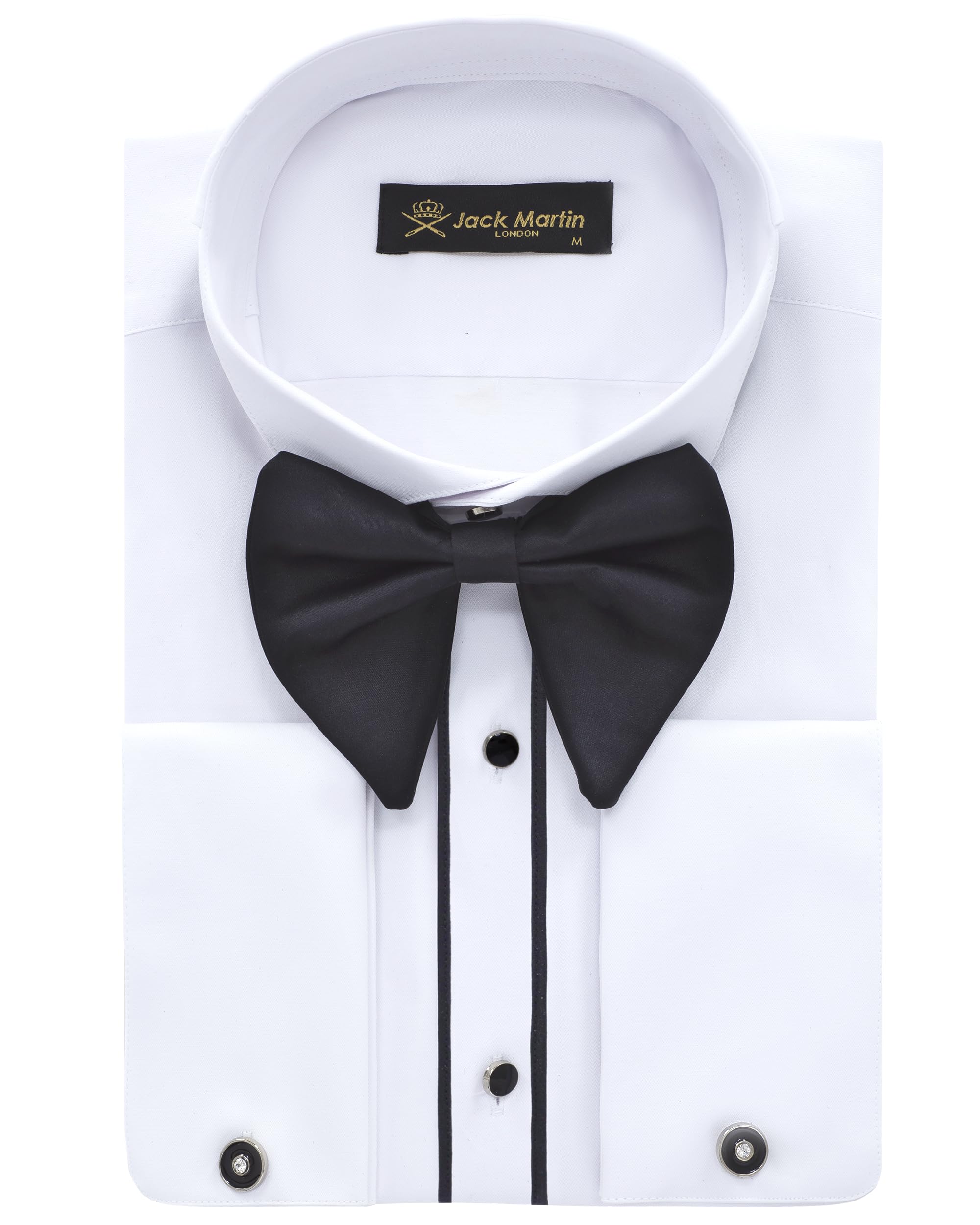 Jack MartinMen's White Wing Collar Tuxedo Shirt with French Cuffs | Set Incl. Cufflinks & Black Bow Tie | Luxe Dress Shirts for Men