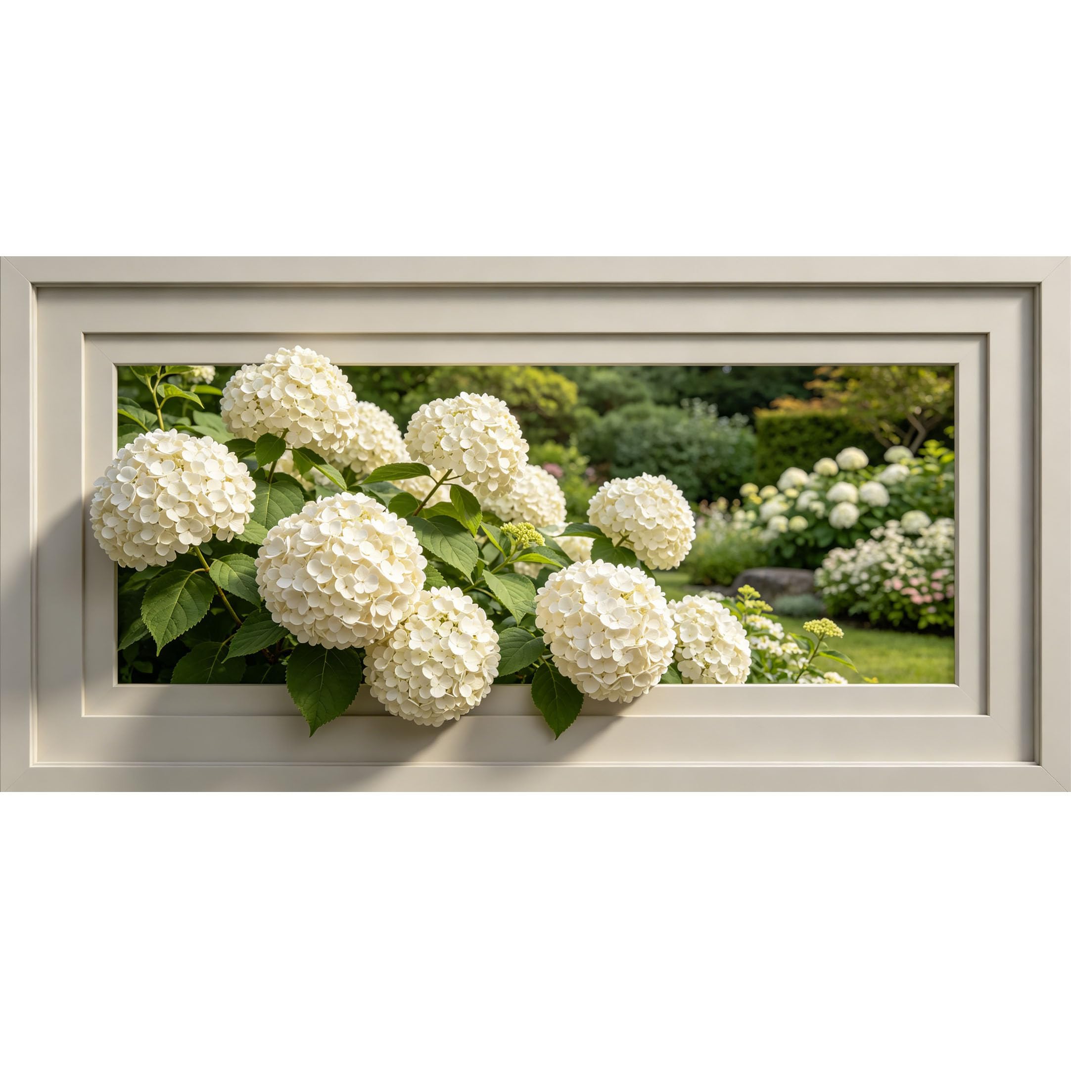 Agglomerix 3D Framed Wall Art White Hydrangea Bloom Botanical Garden Floral Relief Effect Large Size Self-Adhesive Removable Wall Decor Prints Artwork for Living Room Bedroom Office