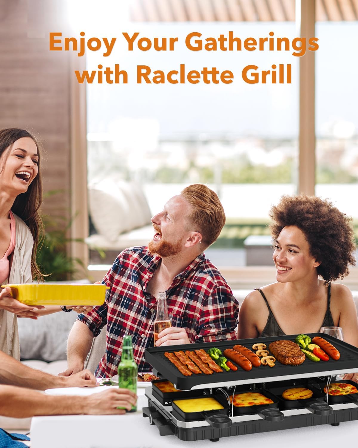 HBN Electric Raclette Table Grill with 8 Warming Trays, 2-in-1 Korean BBQ Grill & Electric Griddle Nonstick, Adjustable Temperature Control,1300W, Great for Indoor Family Gatherings, Parties & Dining