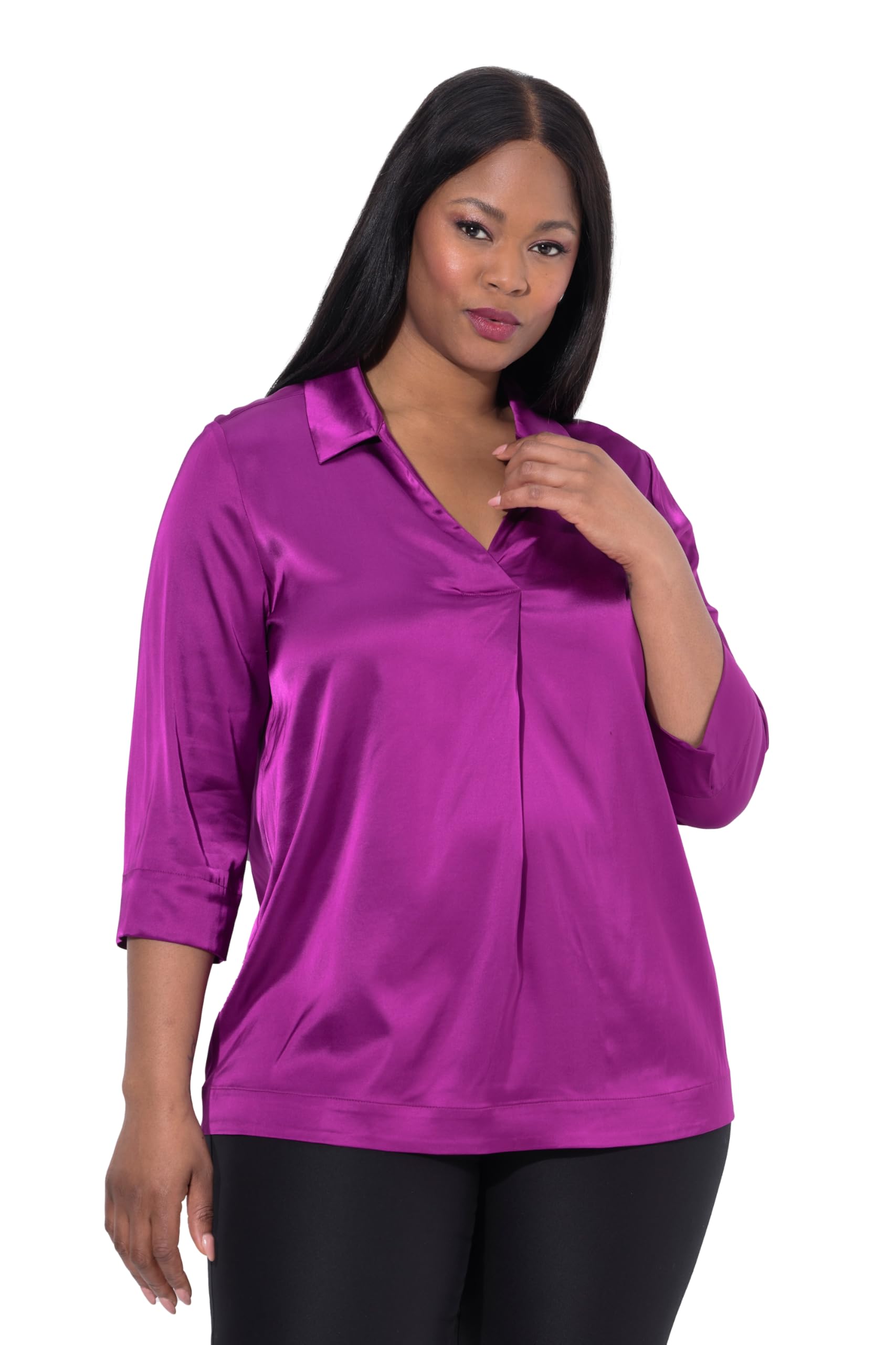 Ulla Popken Damen große Größen Übergrößen Plus Size Satinbluse, Hemdkragen, Zierfalte, 3/4-Arm 844799