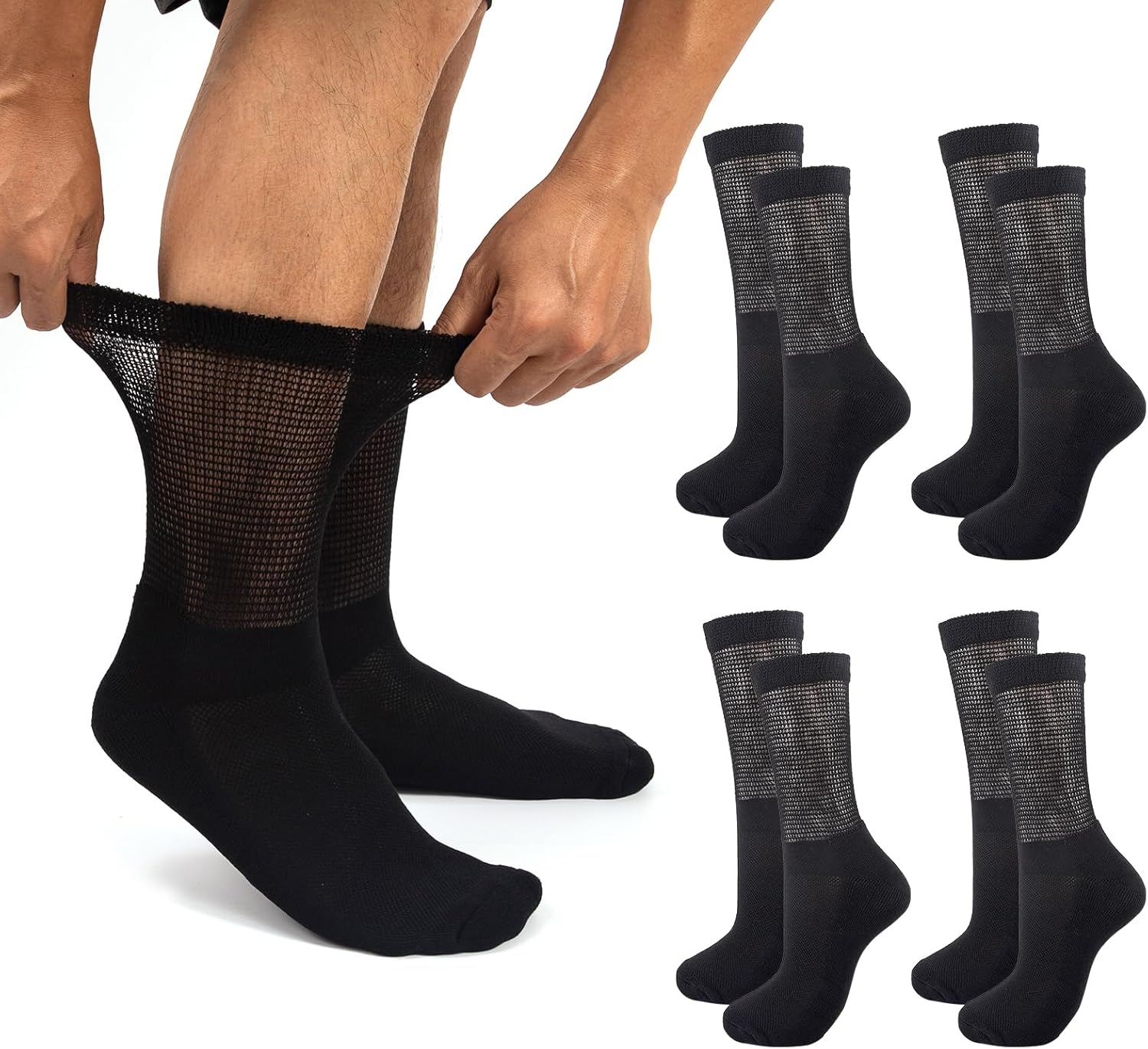 Diabetic Socks for Men Women,Non Binding Neuropathy Socks,Moisture Wicking Black Crew Sock Loose Wide Top,4 Pairs