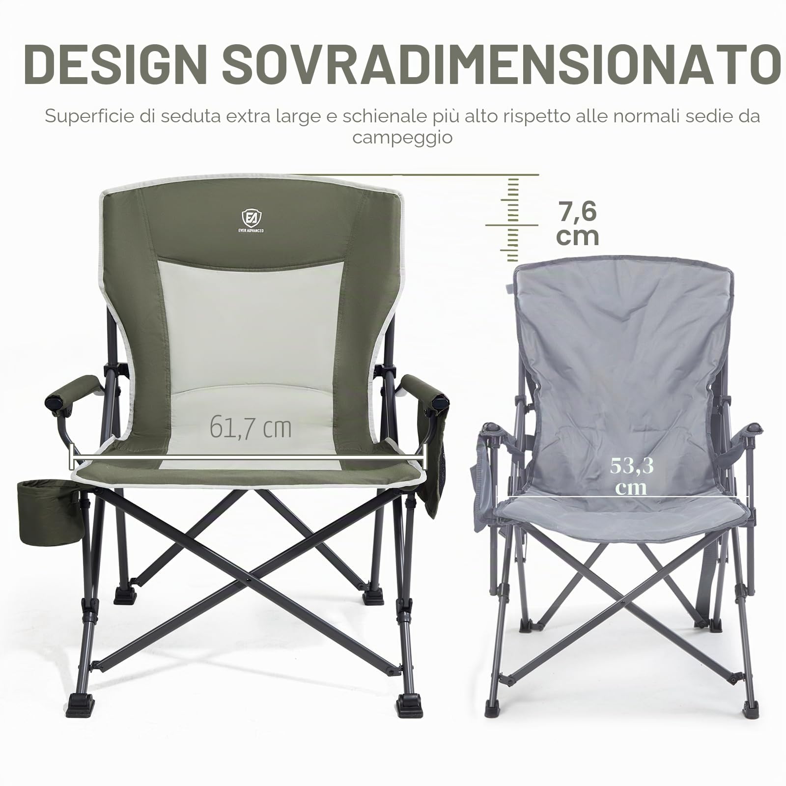 EVER ADVANCED Sedia da campeggio pieghevole, 230 kg, portata XL, 62 cm, larghezza della seduta con tasca laterale, supporto per bevande, sedia pieghevole per campeggio, esterni, balcone, giardino