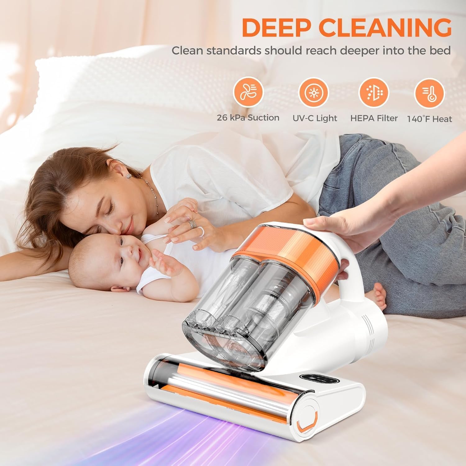 Mattress Vacuum Cleaner, 26Kpa 500W Strong Suction Bed Vacuum with UV and Ultrasonic and High Heating, Dual Dust Bins with Washable Filters, Ideal for Dust and Pet Hair Removal, Corded
