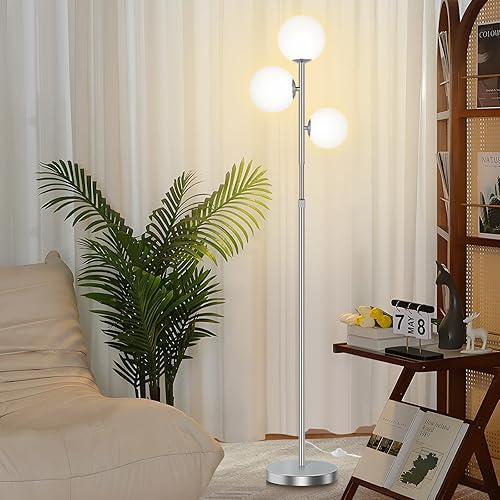 Miniatura 7 de Lámparas de pie de mediados de siglo de 67 pulgadas para sala de estar, lámpara de pie de 3 globos con pantallas de vidrio esmerilado, lámpara de