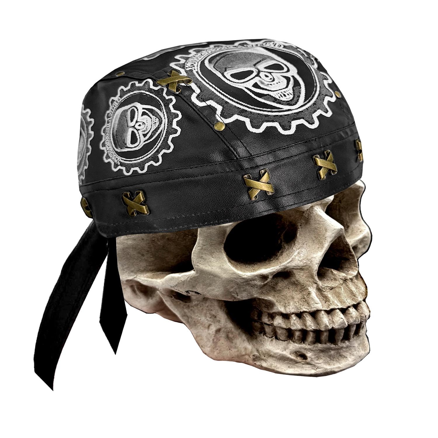 Vintage Rivet Studs Bandana Skull Gears Helmet Doo Do Rag Headwrap Motorcycle Beanie Cap Mens Black