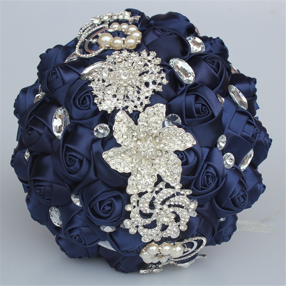 USIXHandcraft Crystal Satin Rose Brooch Bridal Holding Wedding Bouquet Brooch Bouquet, Lace Decorated Bouquet, Wedding Flower Arrangements Bridesmaid Bouquet Blue
