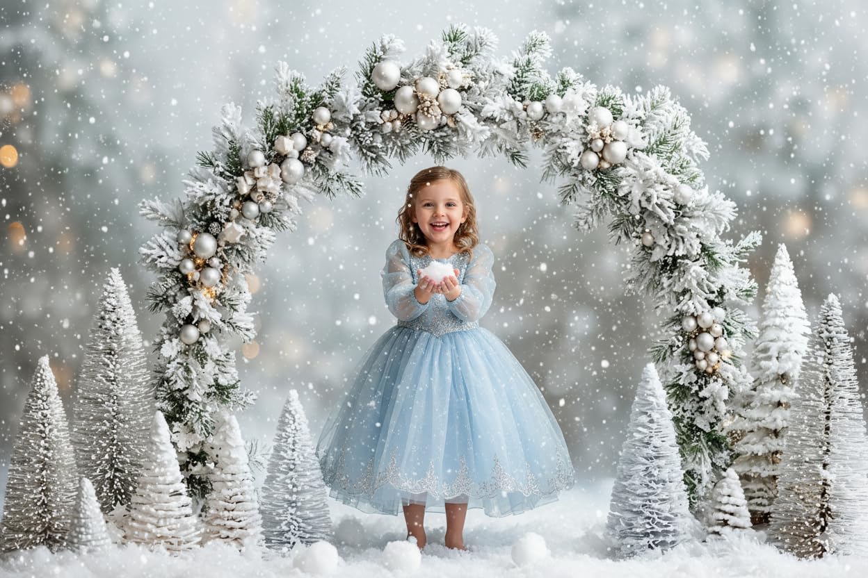 Telón de Fondo navideño Kate de 3 x 2 m (10 x 6,5 pies) con árbol de Navidad Plateado Escena Nevada al Aire Libre Arco utilería Fondo fotográfico de Bosque congelado Invernal para Estudio.