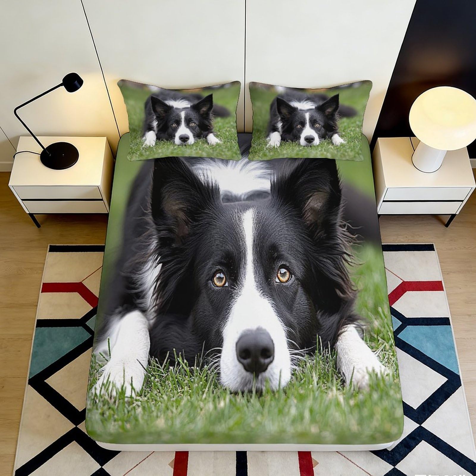 3D Printed Border Collie Dog Fitted Sheet Microfiber Soft Anti-Slip Animal Face Bed Cover for Bedroom Guest Room Decor 90x200x25cm